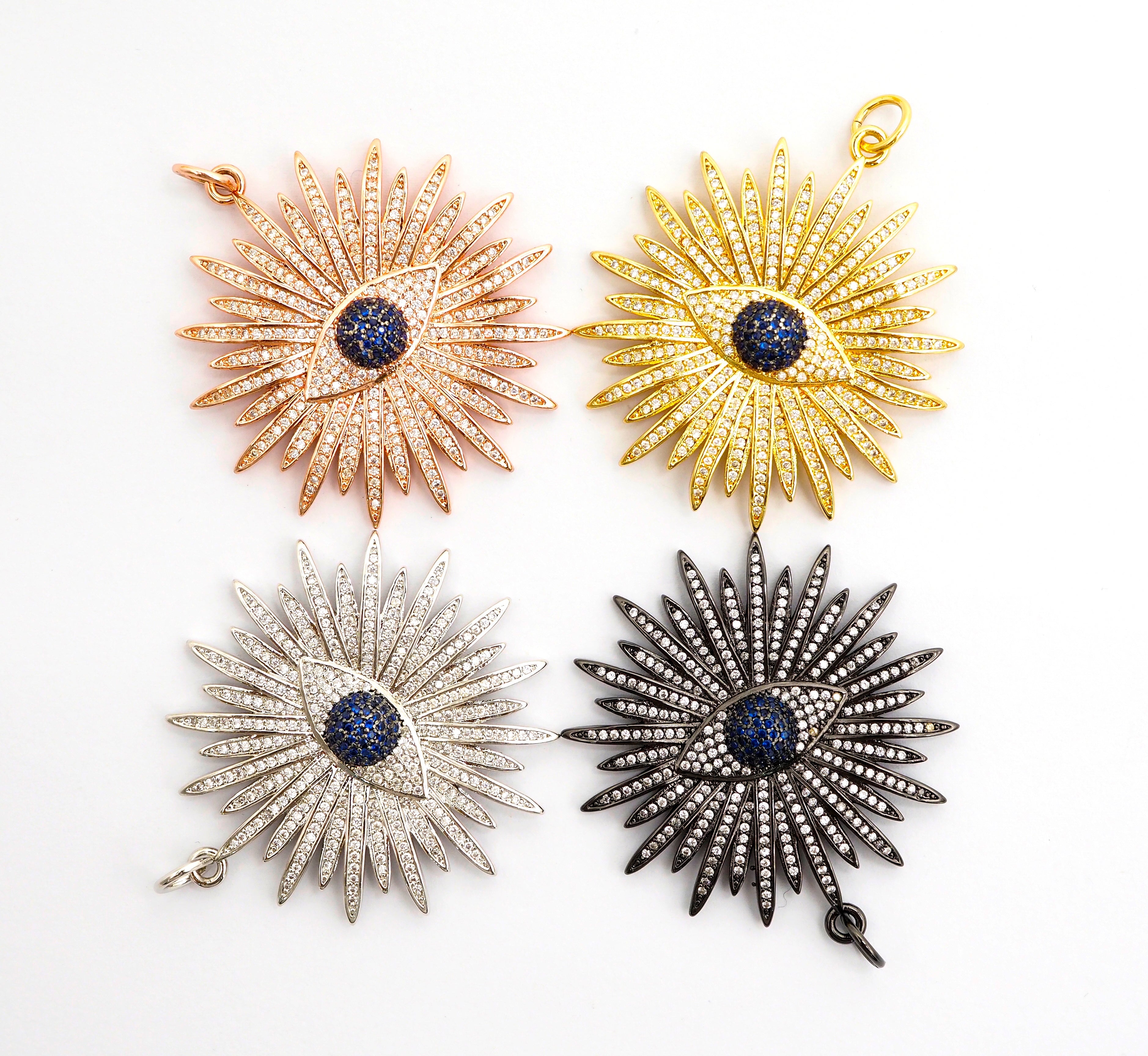 Large CZ Micro Pave Flower With Black Evil Eye Pendant/Charm,Cubic Zirconia Paved Charm/Focal, Necklace Charm Pendant, 43x46mm,sku#F497C