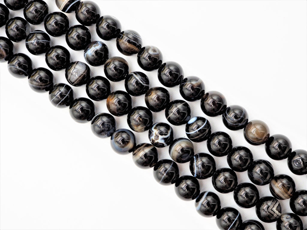 Black White Banded Agate Round Smooth Beads, 6mm/8mm/10mm/12mm beads, Agate Gemstone Beads, 15.5inch strand, SKU#U308