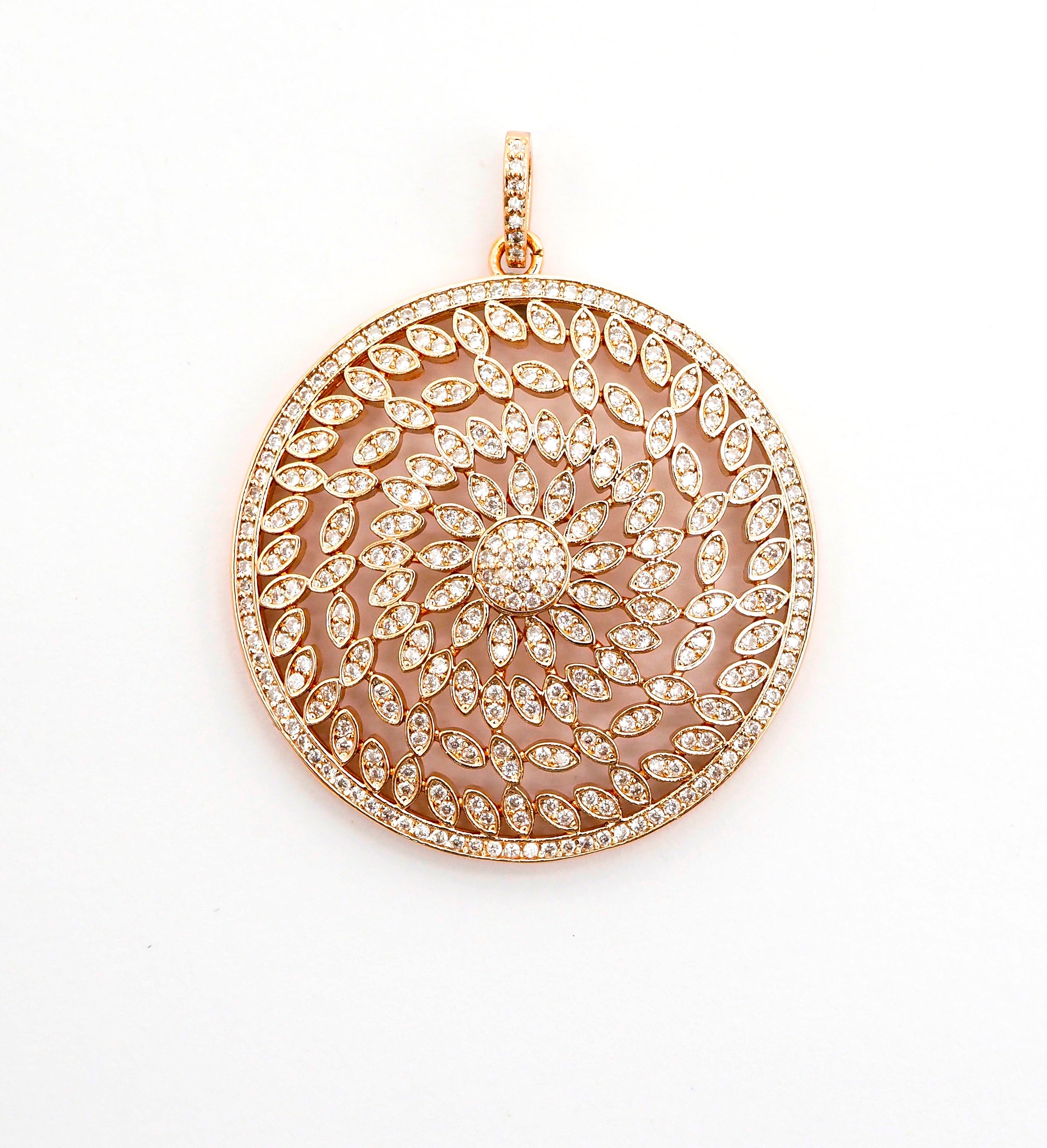 40mm Large CZ Micro Pave Hollow out Filigree Round Disc Pendant, Cubic Zirconia Rose Gold/Gold/Silver/Black Focal Pendant, 40x43mm, F498C