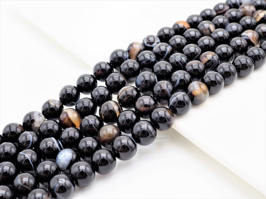 Black White Banded Agate Round Smooth Beads, 6mm/8mm/10mm/12mm beads, Agate Gemstone Beads, 15.5inch strand, SKU#U308