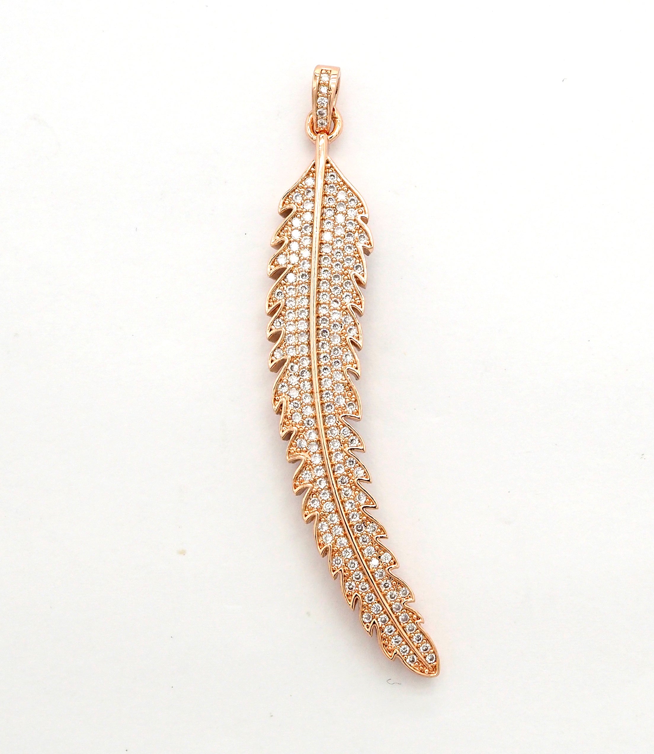61mm Long CZ Micro Pave Feather Leaf Pendant, Gold/Rose gold/Black/Silver,  Cubic Zirconia Pave Pendant/Charm,sku#F510
