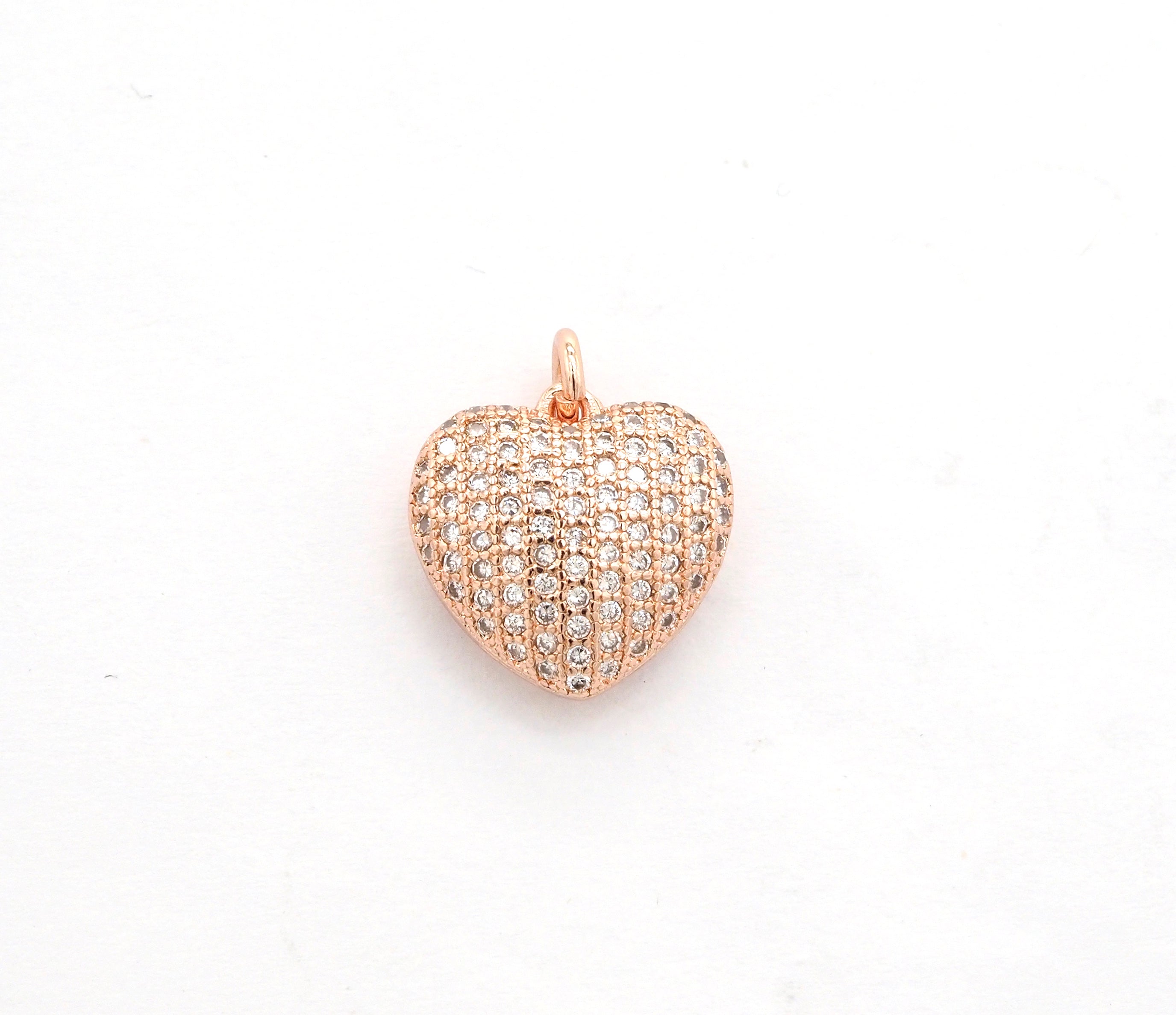 15mm CZ Micro Pave Puffy Heart Charm/Pendant, CZ Pave Charm in Gold/Rose Gold/Silver/Black Finish, Pave Heart Beads, sku#F524