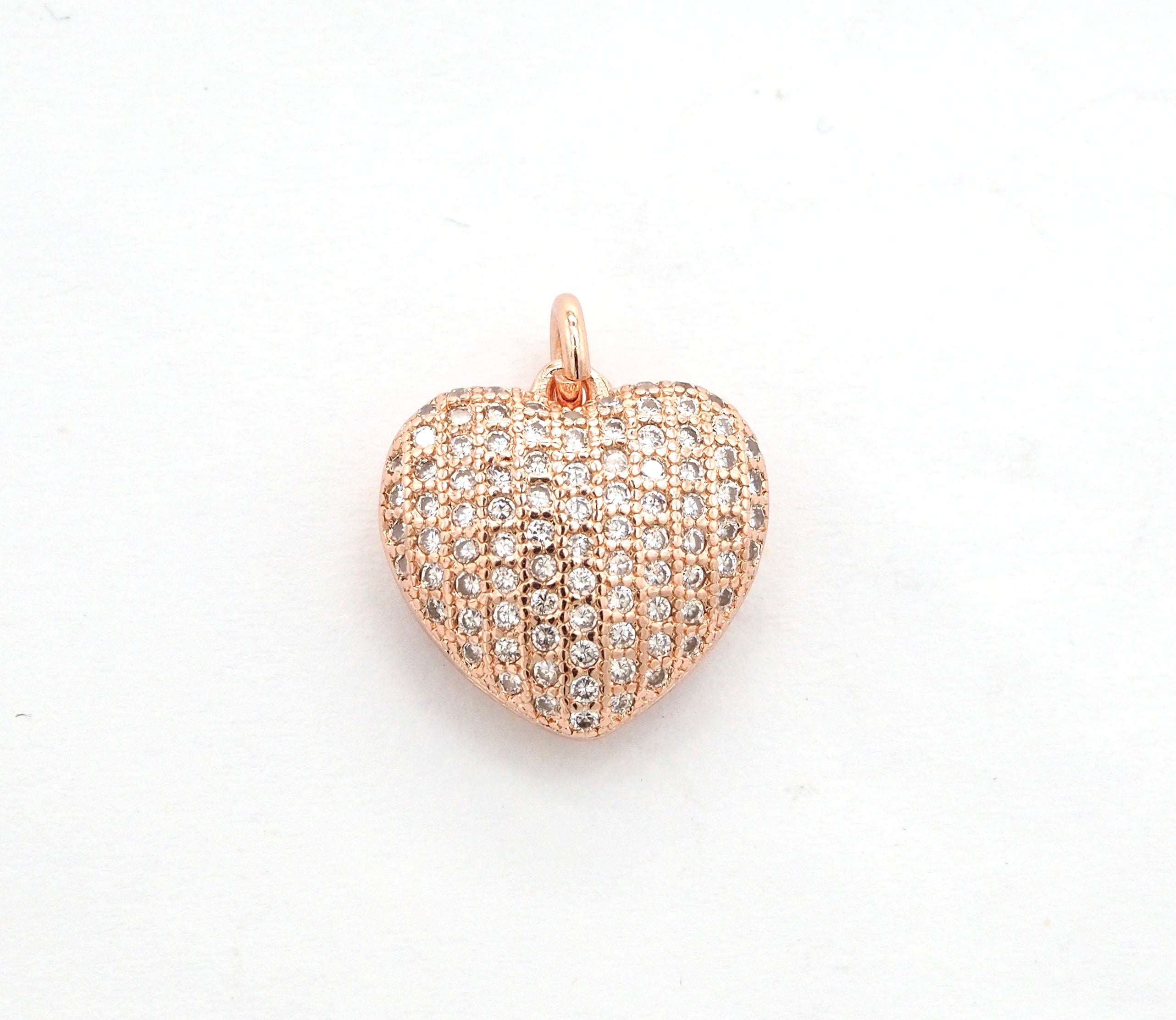 15mm CZ Micro Pave Puffy Heart Charm/Pendant, CZ Pave Charm in Gold/Rose Gold/Silver/Black Finish, Pave Heart Beads, sku#F524