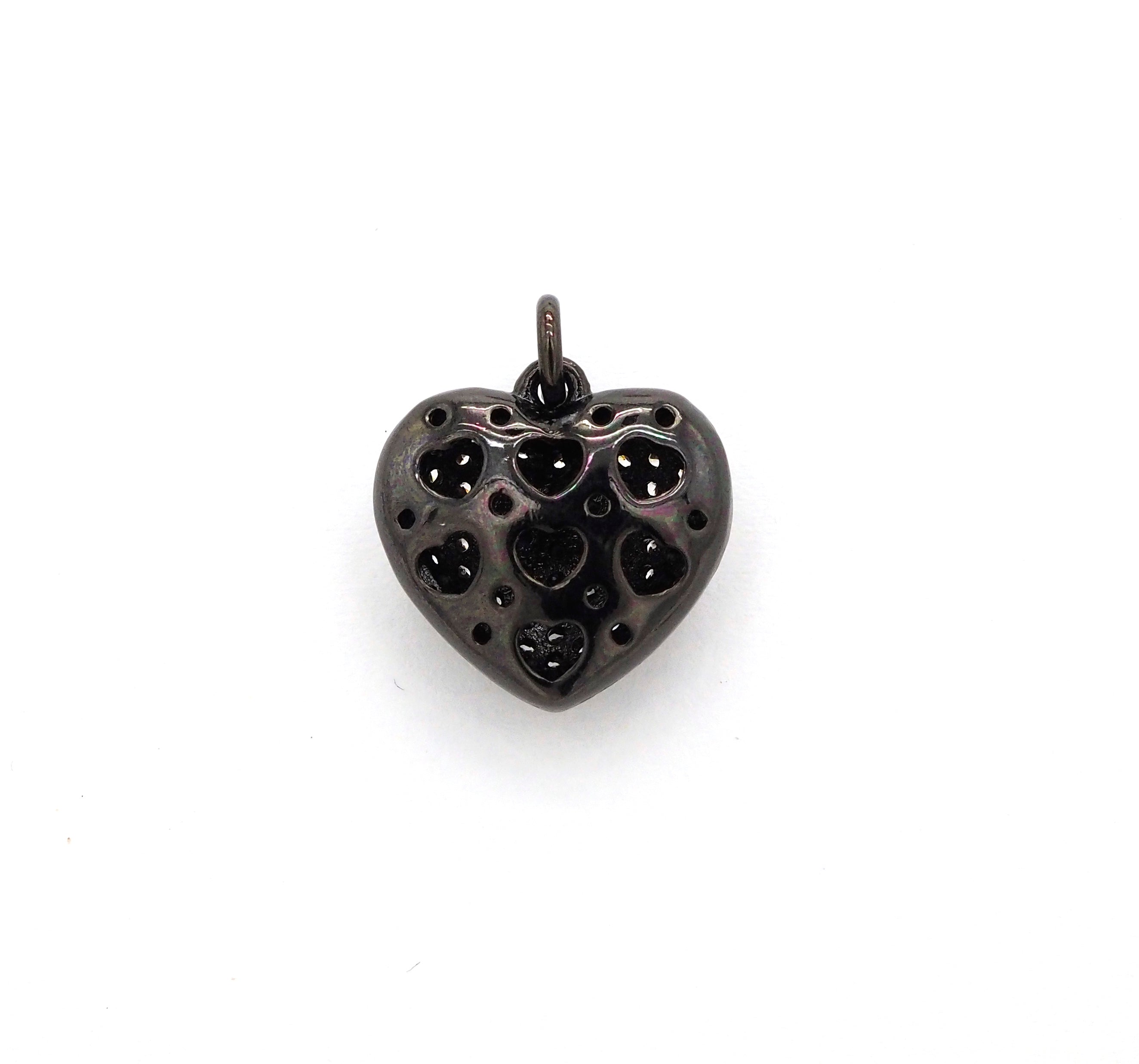 15mm CZ Micro Pave Puffy Heart Charm/Pendant, CZ Pave Charm in Gold/Rose Gold/Silver/Black Finish, Pave Heart Beads, sku#F524