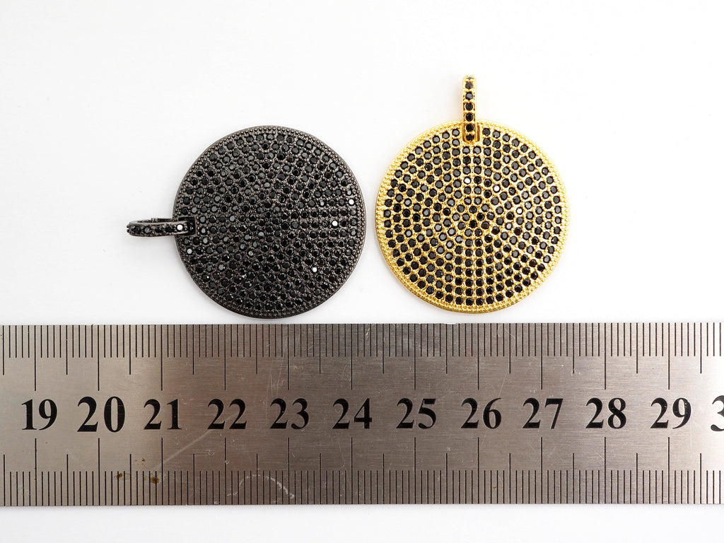 30mm CZ Fully Micro Pave Large Disc Pendant,Gold/Black Tone, Black Cubic Zirconia Big Pave Disc Charm Pendant, sku#F501