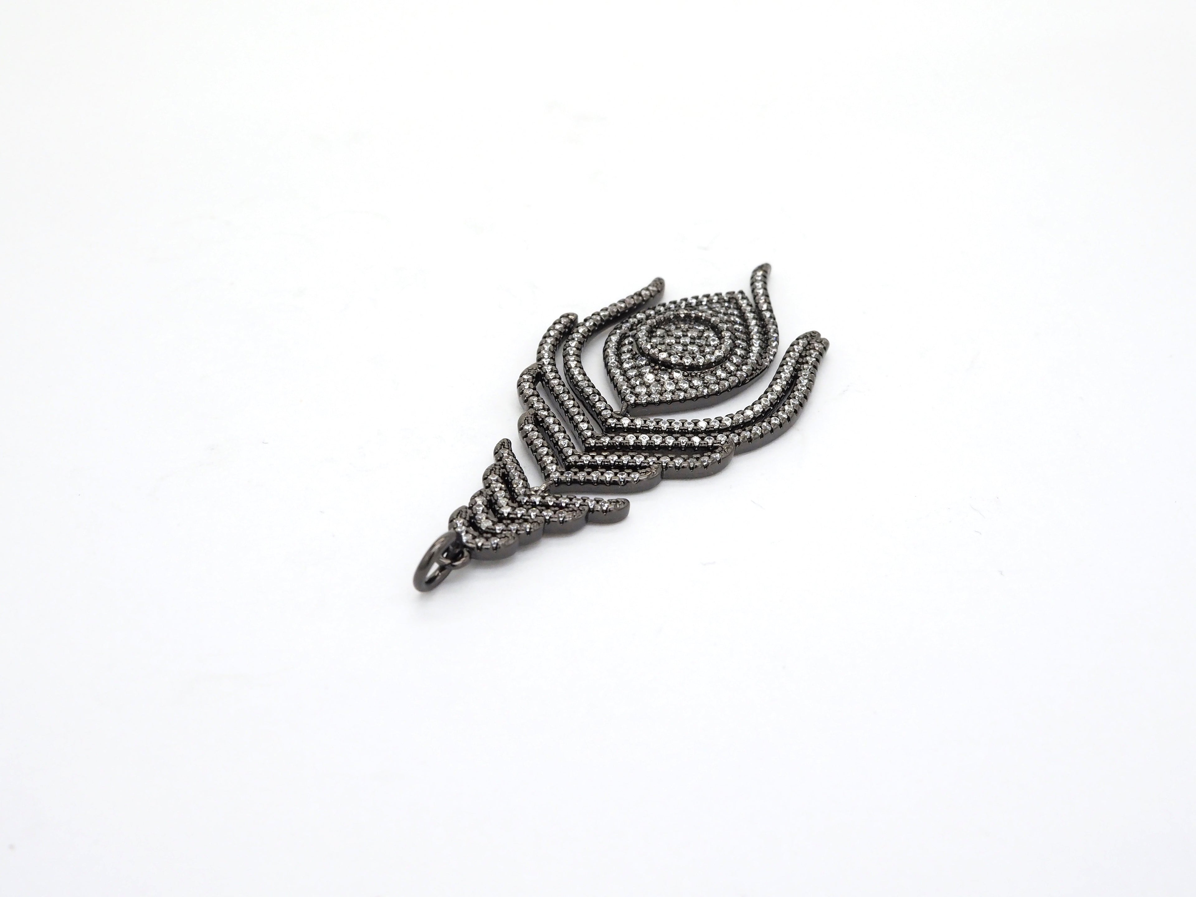 Large CZ Micro Pave Black Feather Pendant with  Evil Eye Beads,Cubic Zirconia pave Charm, Focal Pendant, 27x59mm,sku#F526