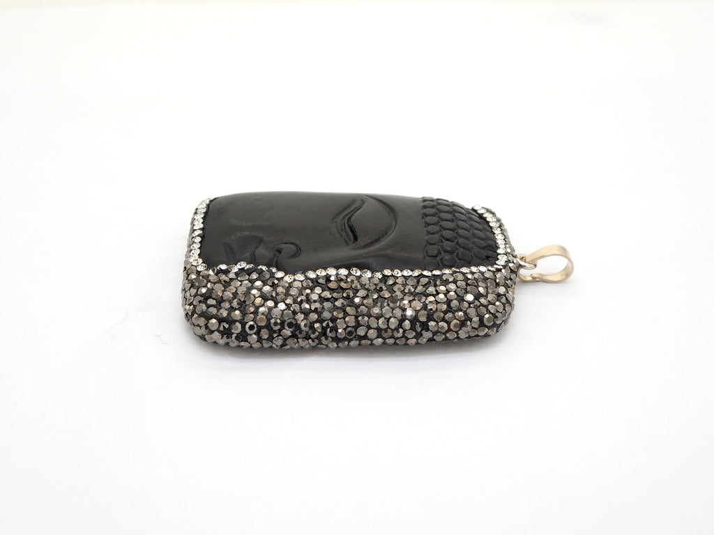 Rare Large Size Black Obsidian Buddha Head Pendant, Pave Crystal Rhinestone Encrusted Buddha Pendant,37x52x10mm,sku#V21