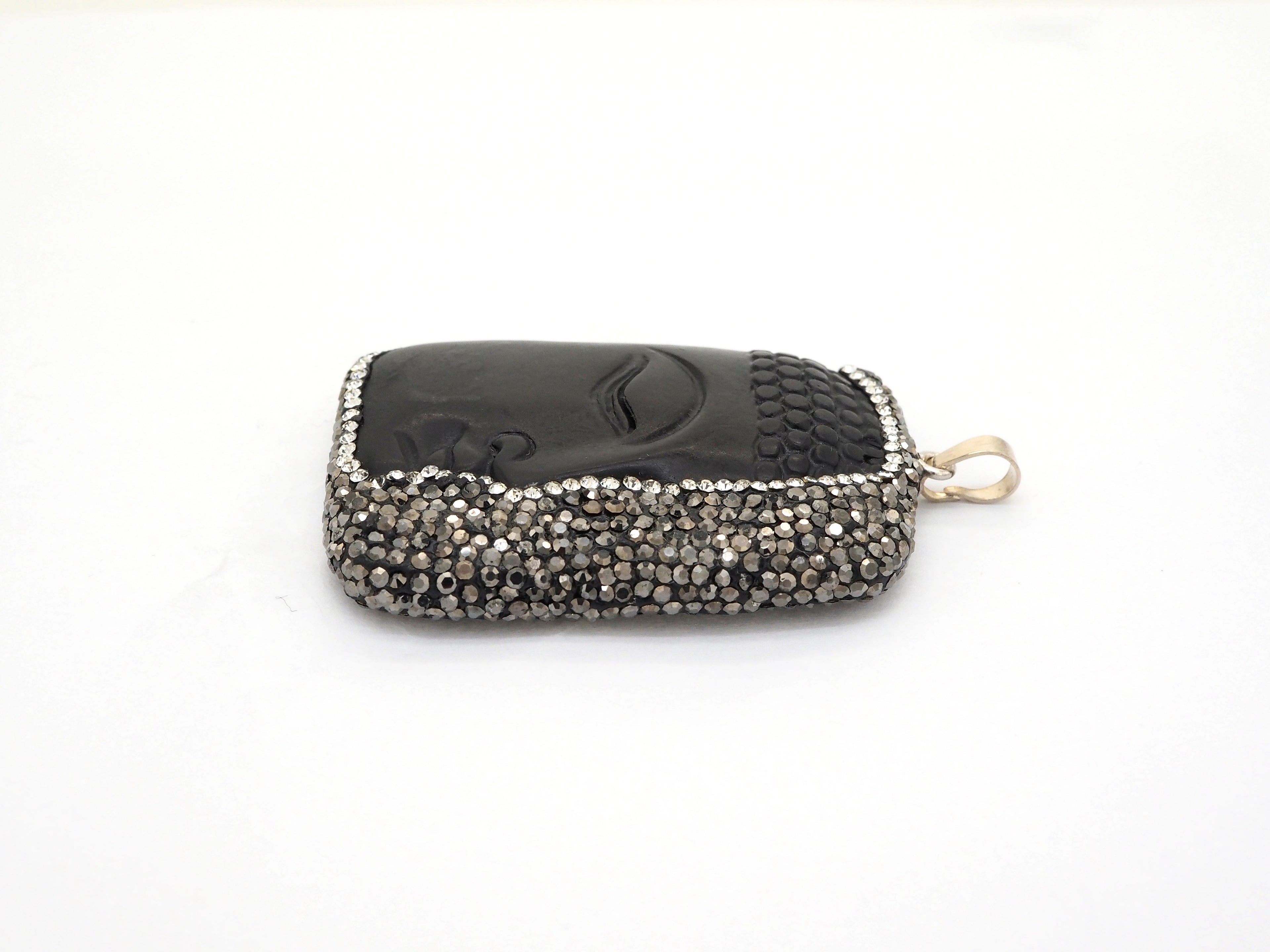 Rare Large Size Black Obsidian Buddha Head Pendant, Pave Crystal Rhinestone Encrusted Buddha Pendant,37x52x10mm,sku#V21