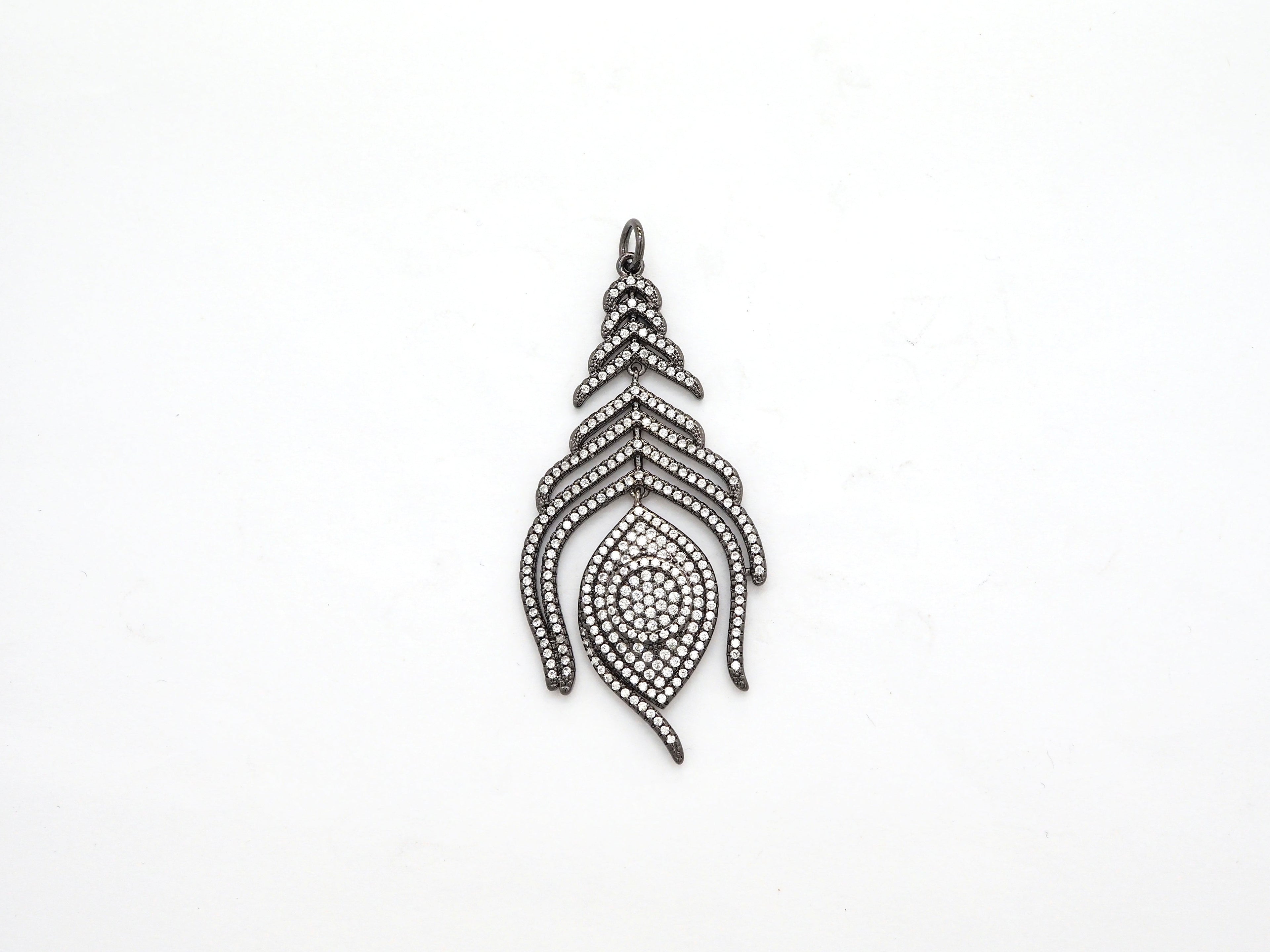 Large CZ Micro Pave Black Feather Pendant with  Evil Eye Beads,Cubic Zirconia pave Charm, Focal Pendant, 27x59mm,sku#F526