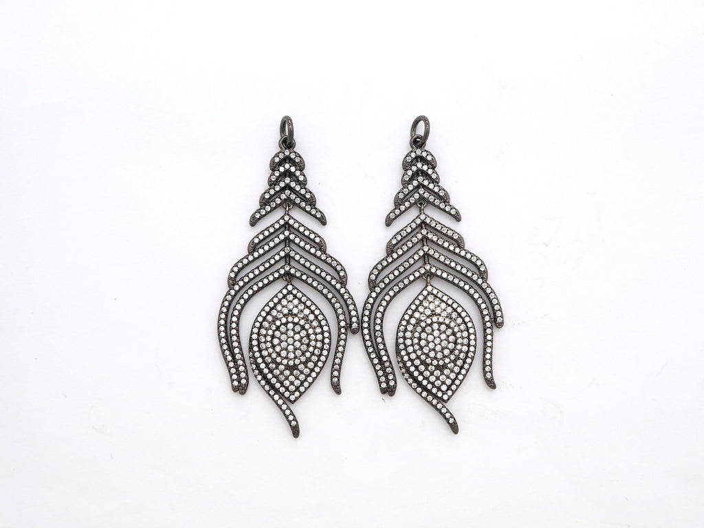 Large CZ Micro Pave Black Feather Pendant with  Evil Eye Beads,Cubic Zirconia pave Charm, Focal Pendant, 27x59mm,sku#F526