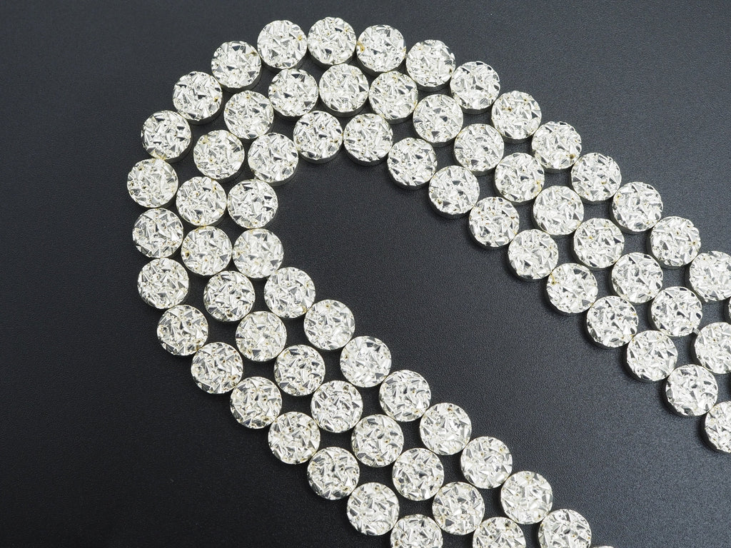 Natural Silver Druzy Style Hematite Beads,Round Flat Coin Gemstone, 8mm/10mm/12mm, 15.5inch full strand,Bright Silver Metallic Beads,SKU#S96