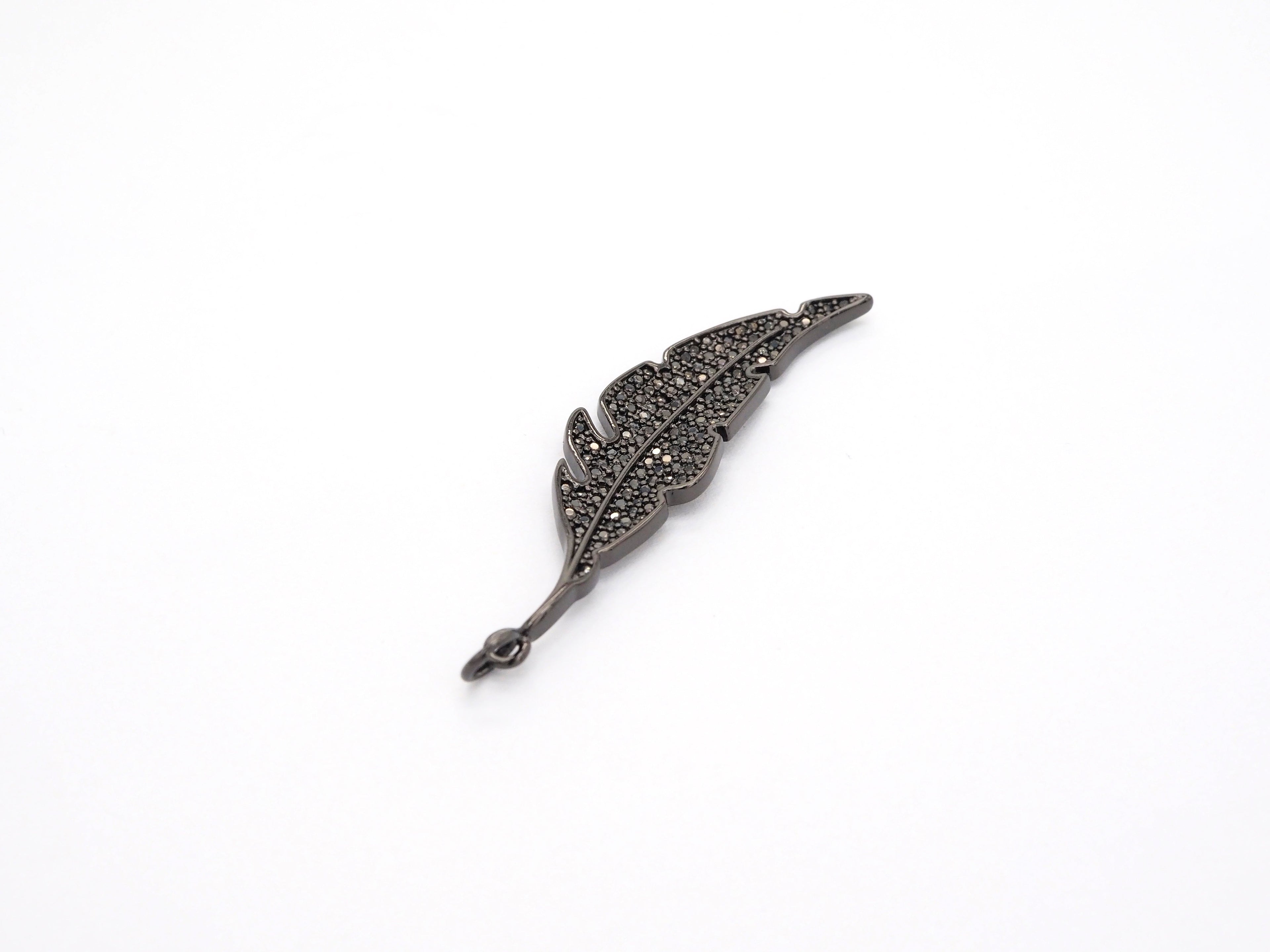 Black CZ Pave On Black Micro Pave Feather/Leaf Pendant/Charm,Cubic Zirconia Pendant,Fashion Jewelry Findings, 12x46mm, sku#F532