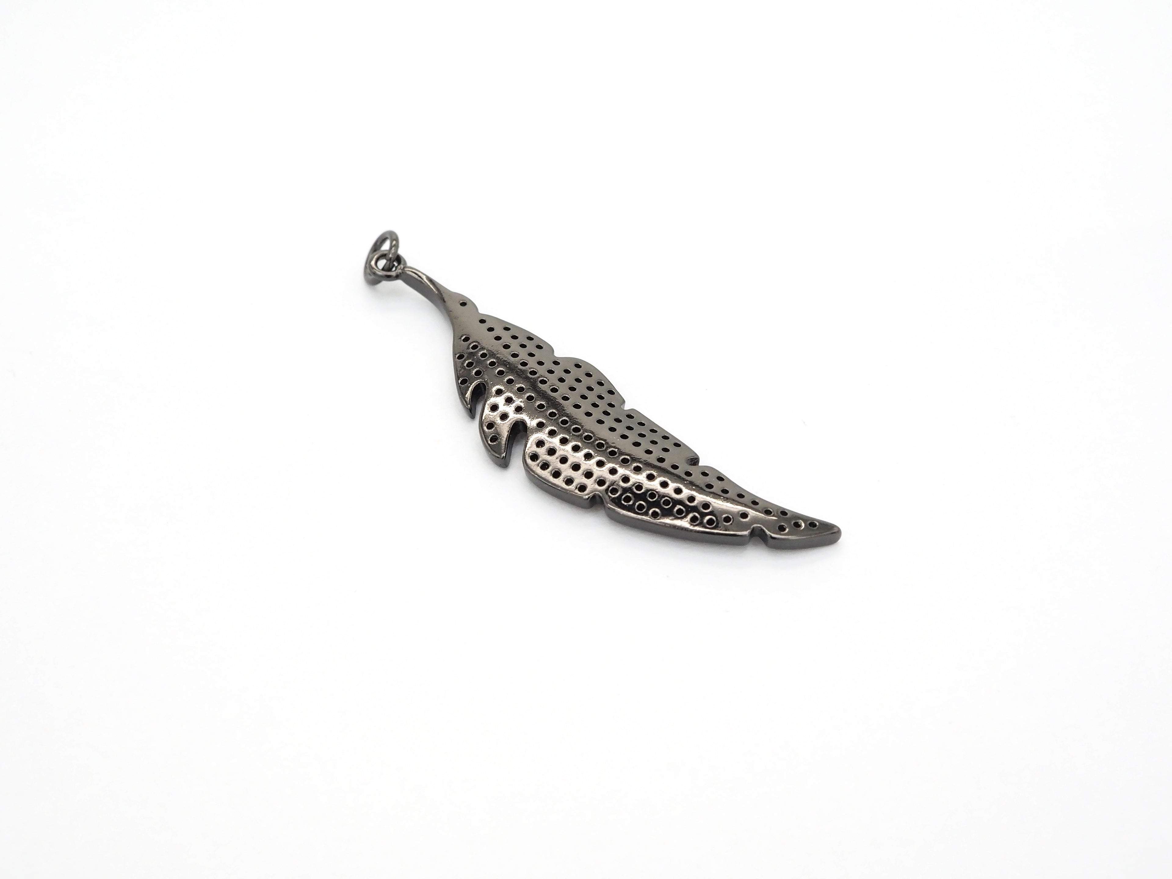 Black CZ Pave On Black Micro Pave Feather/Leaf Pendant/Charm,Cubic Zirconia Pendant,Fashion Jewelry Findings, 12x46mm, sku#F532
