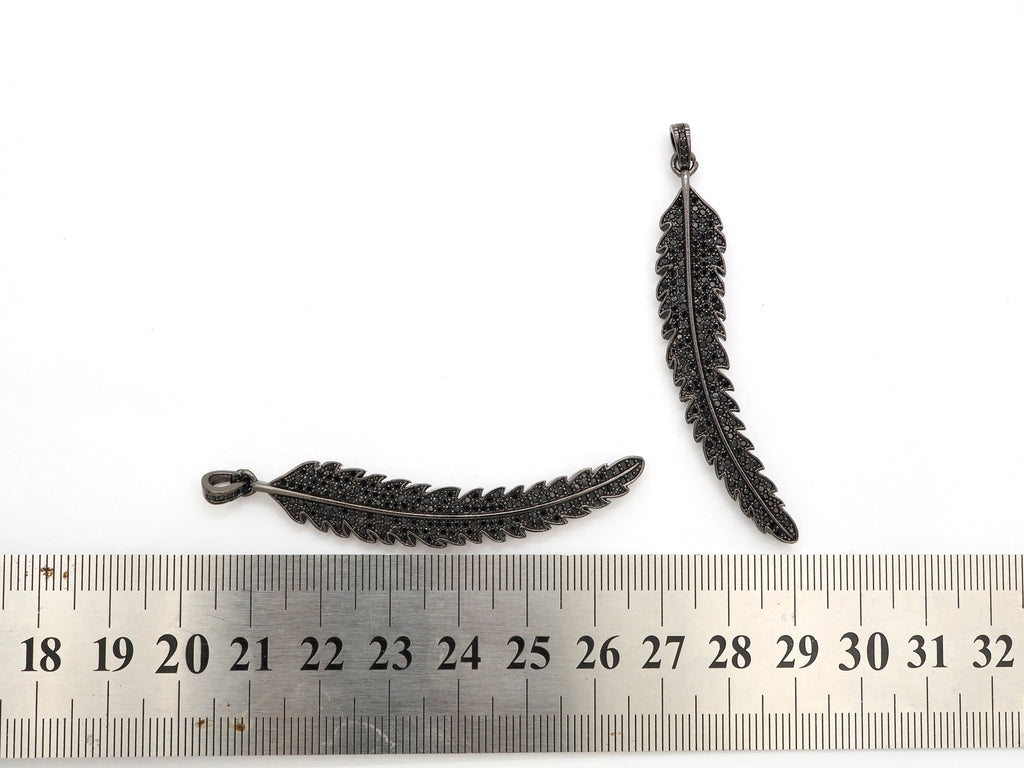 Black CZ Pave On Black Micro Pave LONG Feather/Leaf Pendant/Charm,Cubic Zirconia Pendant,Fashion Jewelry Findings, 11x61mm, sku#F534