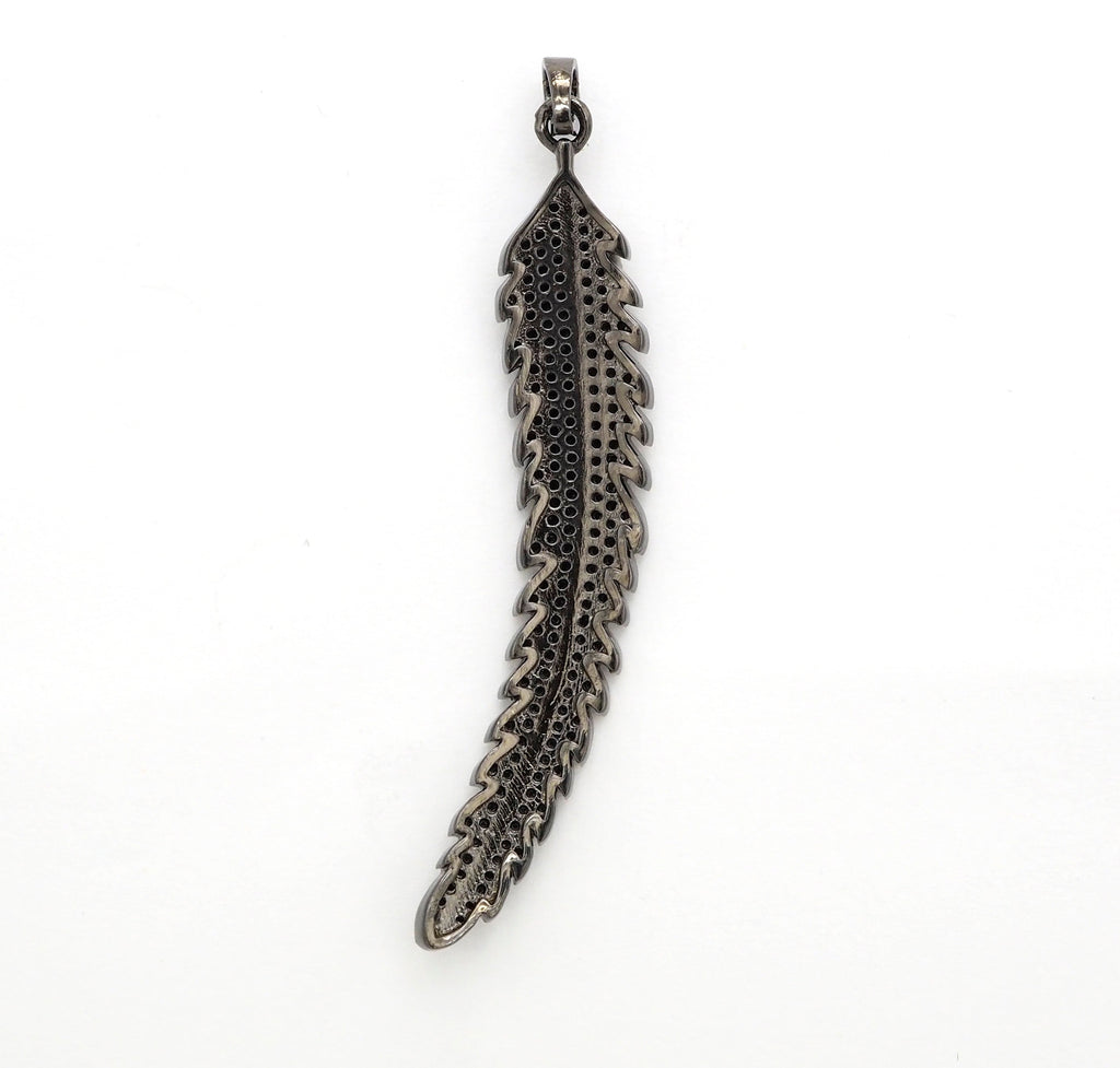 Black CZ Pave On Black Micro Pave LONG Feather/Leaf Pendant/Charm,Cubic Zirconia Pendant,Fashion Jewelry Findings, 11x61mm, sku#F534