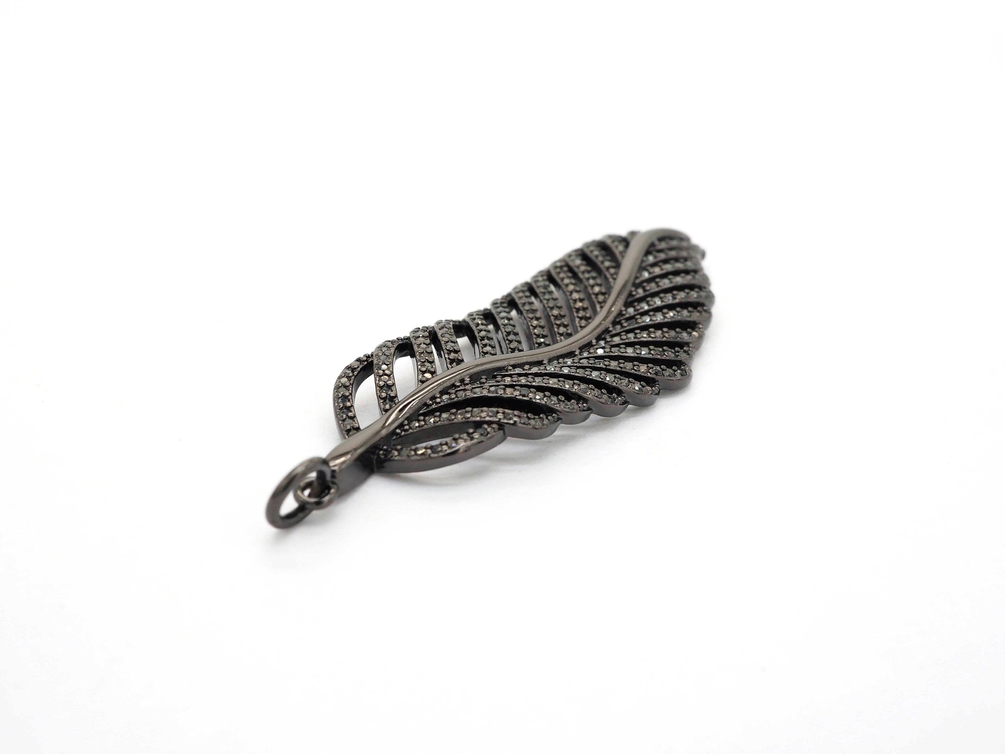 Black CZ Pave On Black Micro Pave Feather/Leaf Pendant/Charm,Cubic Zirconia Pendant,Fashion Jewelry Findings, 19x57mm, sku#F535