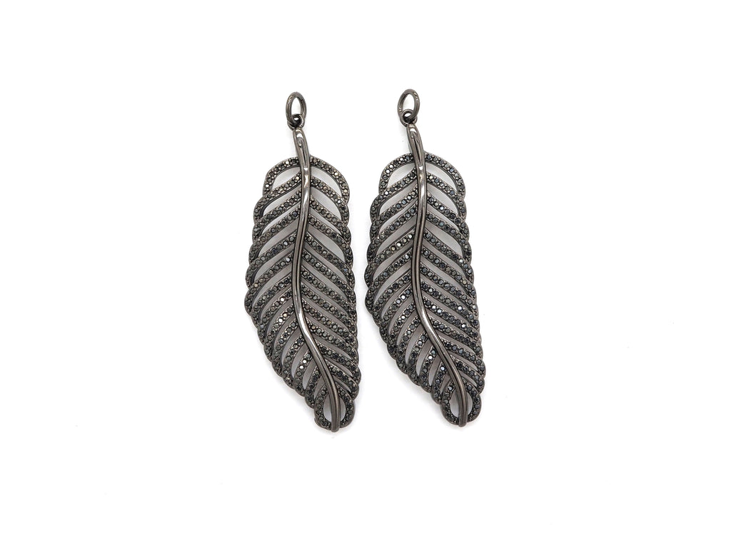 Black CZ Pave On Black Micro Pave Feather/Leaf Pendant/Charm,Cubic Zirconia Pendant,Fashion Jewelry Findings, 19x57mm, sku#F535
