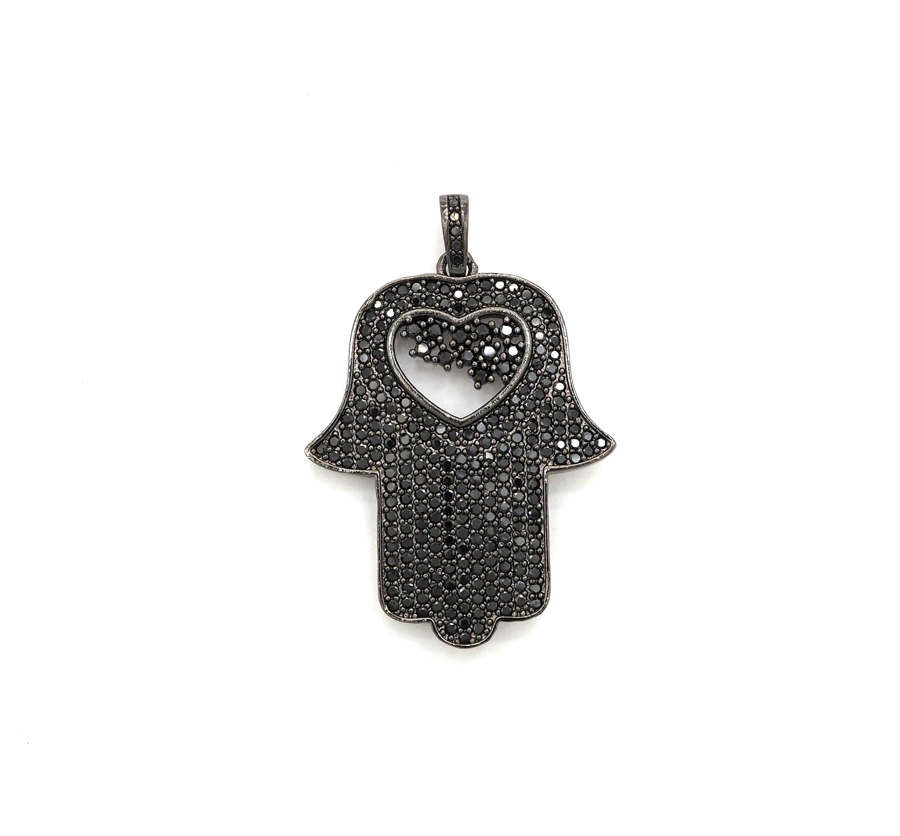 Black CZ Pave On Black Micro Pave Hamsa Hand with Heart Pendant/Charm,Cubic Zirconia Pendant,Fashion Jewelry Findings, 27x35mm, sku#F539