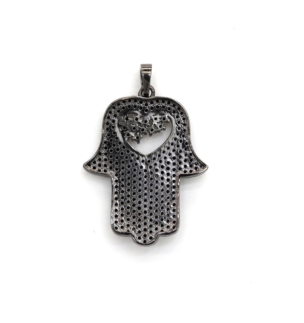 Black CZ Pave On Black Micro Pave Hamsa Hand with Heart Pendant/Charm,Cubic Zirconia Pendant,Fashion Jewelry Findings, 27x35mm, sku#F539