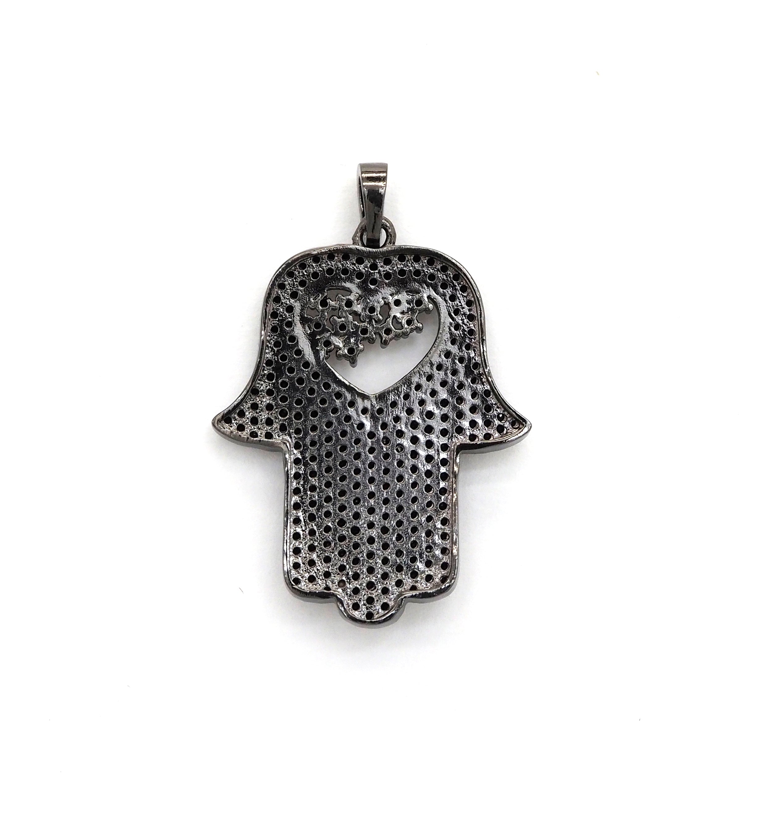 Black CZ Pave On Black Micro Pave Hamsa Hand with Heart Pendant/Charm,Cubic Zirconia Pendant,Fashion Jewelry Findings, 27x35mm, sku#F539