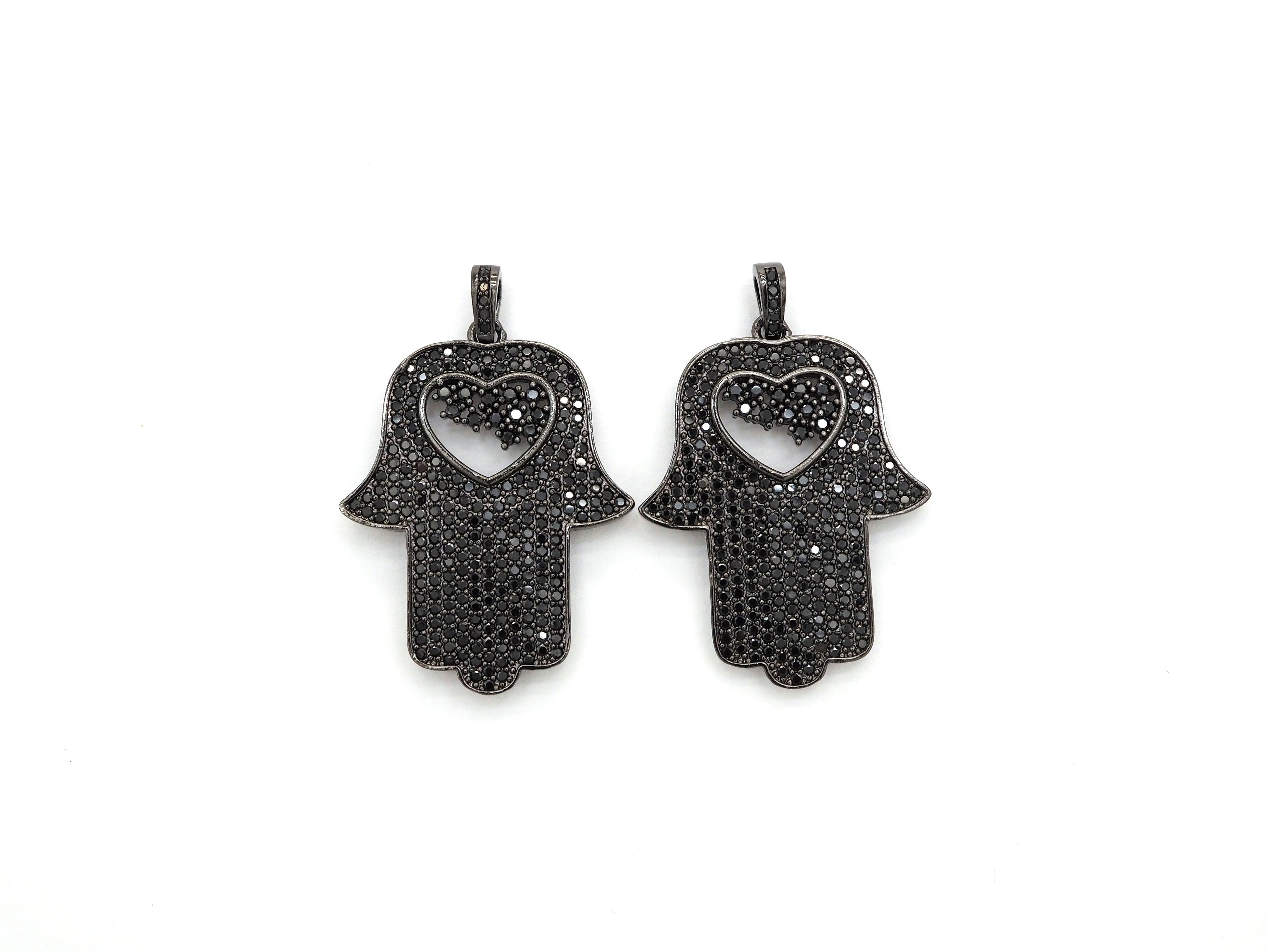 Black CZ Pave On Black Micro Pave Hamsa Hand with Heart Pendant/Charm,Cubic Zirconia Pendant,Fashion Jewelry Findings, 27x35mm, sku#F539