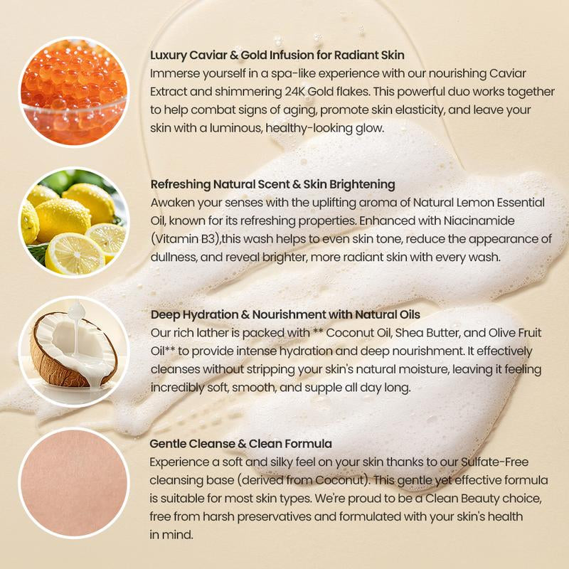 Maxodo Golden Caviar Glow Wash 500Ml - Niacinamide Enriched Luxury Body Cleanser for Radiant Skin Brightening & Mite Removal with Lemon Fragrance