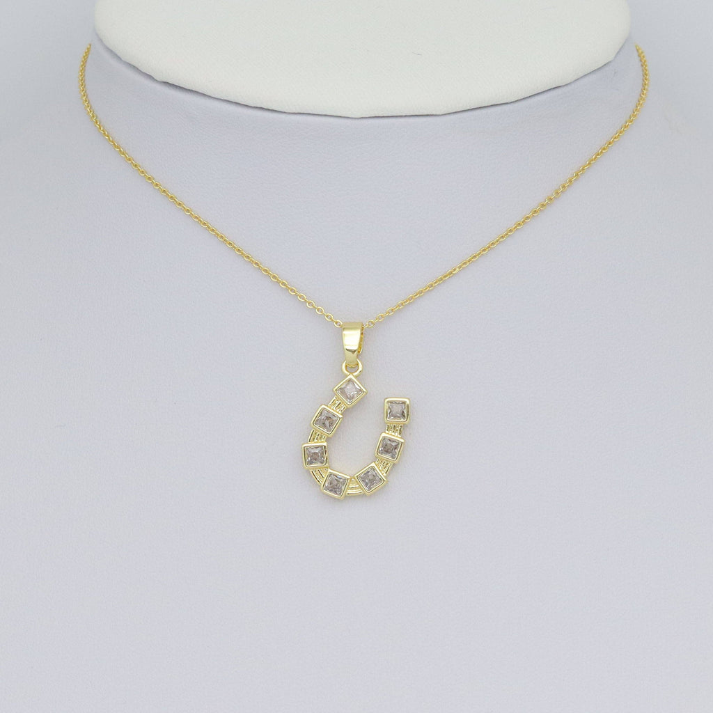 Clear Square CZ Gold horseshoe Shape Charm Pendant, Sku#LX760