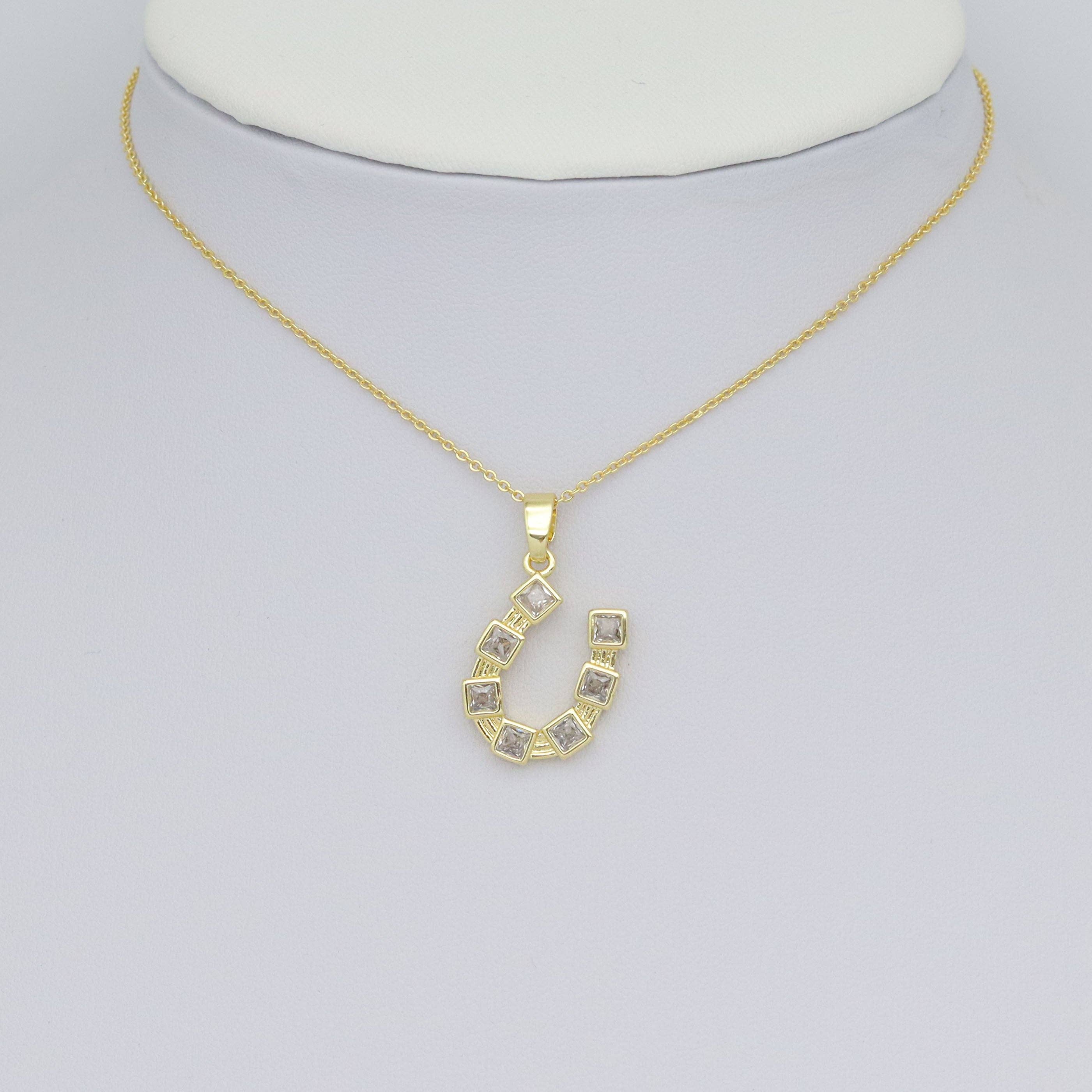 Clear Square CZ Gold horseshoe Shape Charm Pendant, Sku#LX760