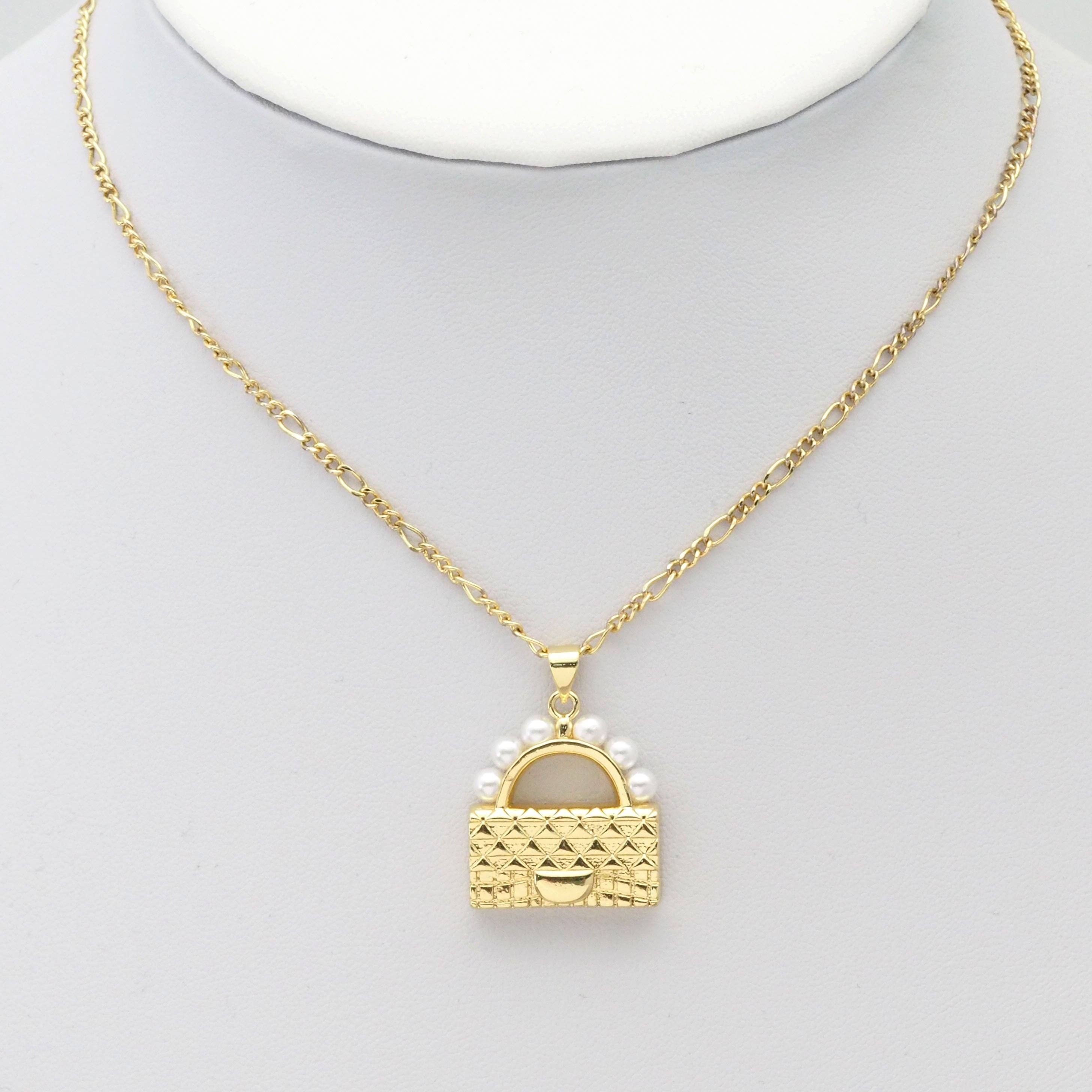 Clear CZ Gold White Pearl Purse Charm, Sku#LK819