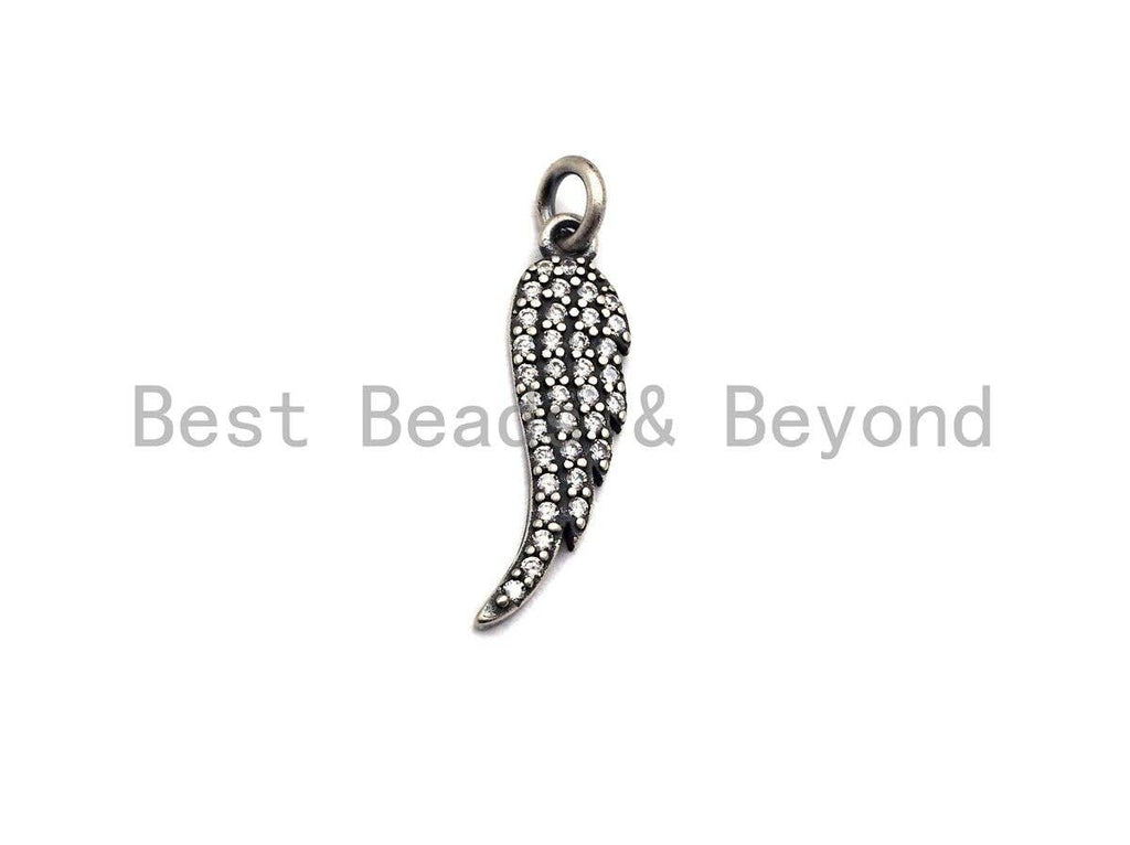 Rhidium CZ Micro Pave Angel Wing Pendant/Charm, Antique Silver Color Wing, Cubic Zirconia Pendant Charm, 6x23mm,sku#X116