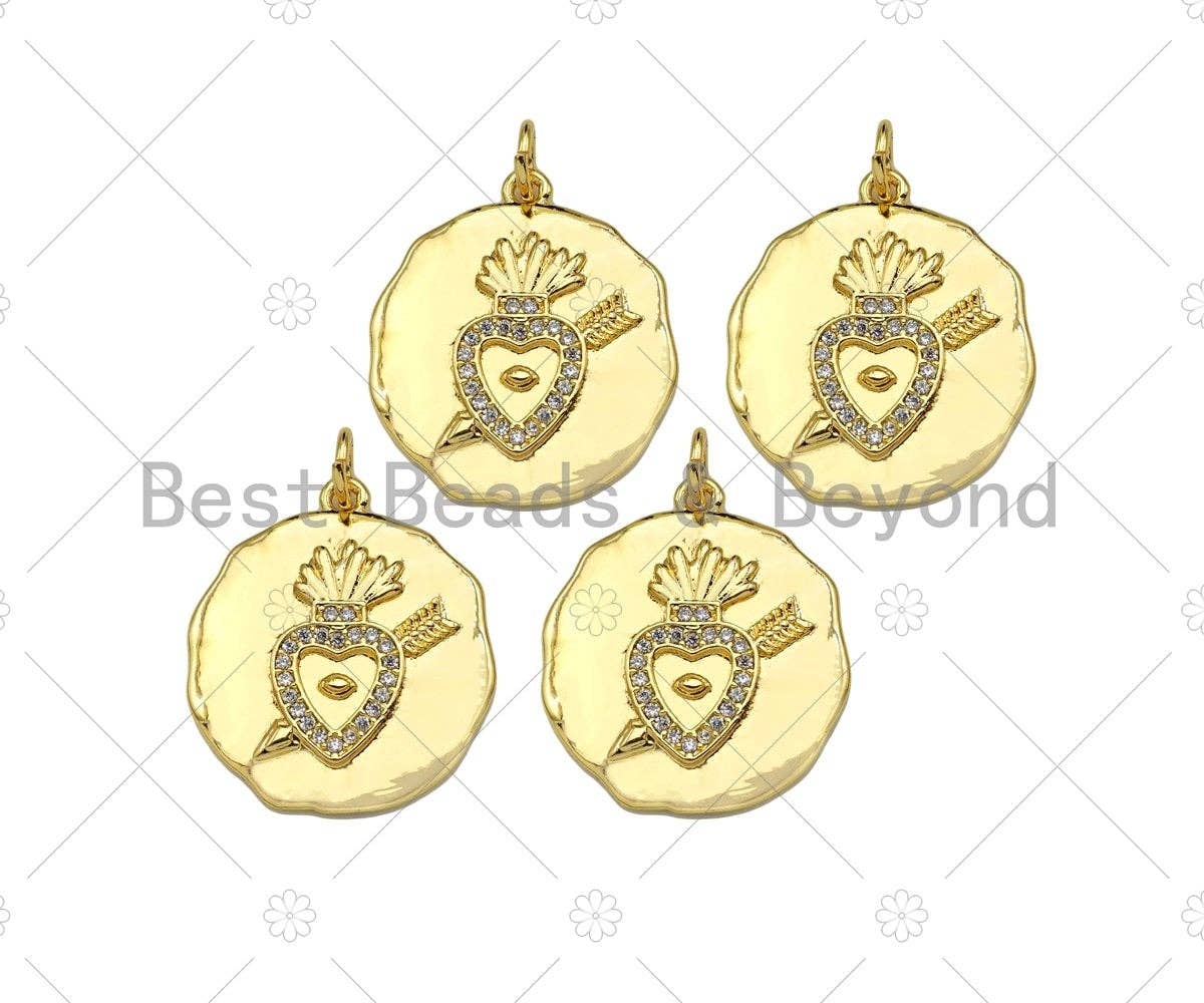 CZ Micro Pave Heart with Cupid Arrow on Round Coin Pendant, 18K Gold Medallion Charm, Necklace Bracelet Charm Pendant,19x22mm,Sku#Z1333