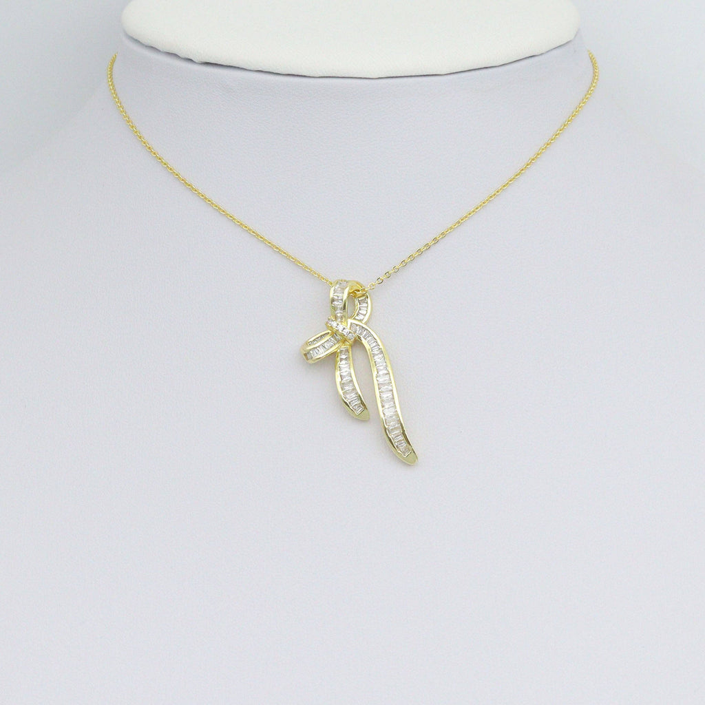 Baguette CZ Gold Bow Charm Pendant, Sku#LK1087
