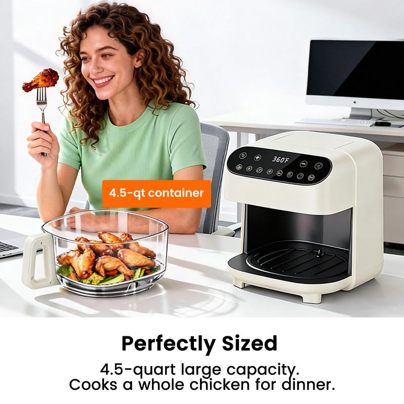 4.5 QT Glass Air Fryer - Pfas-Free & Dishwasher-Safe Basket, 8 Preset Touchscreen, 360° View Cooking, for Healthy Meals in Minutes - White