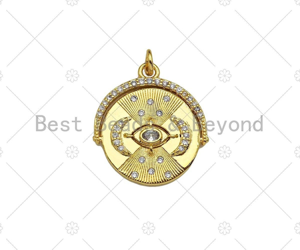 CZ Micro Pave Evil Eye with Crescent Moon On Round Coin Shape, 18K Gold Medallion Charm, Necklace Bracelet Charm Pendant,19x22mm,Sku#Z1332