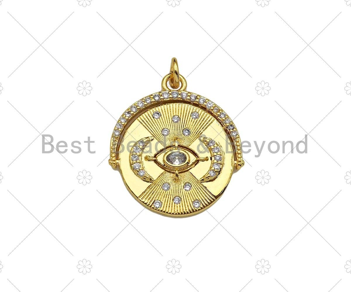 CZ Micro Pave Evil Eye with Crescent Moon On Round Coin Shape, 18K Gold Medallion Charm, Necklace Bracelet Charm Pendant,19x22mm,Sku#Z1332