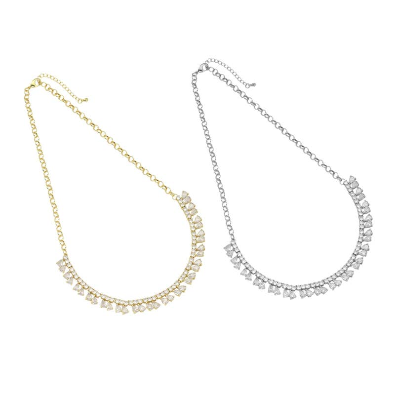Gold Silver Rolo Chain Teardrop CZ Statement Necklace, Sku#EF586