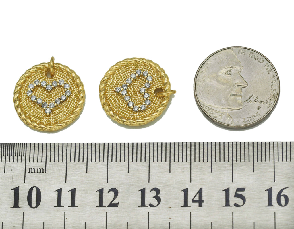 CZ Heart on Round Coin Charm, Sku#LK645