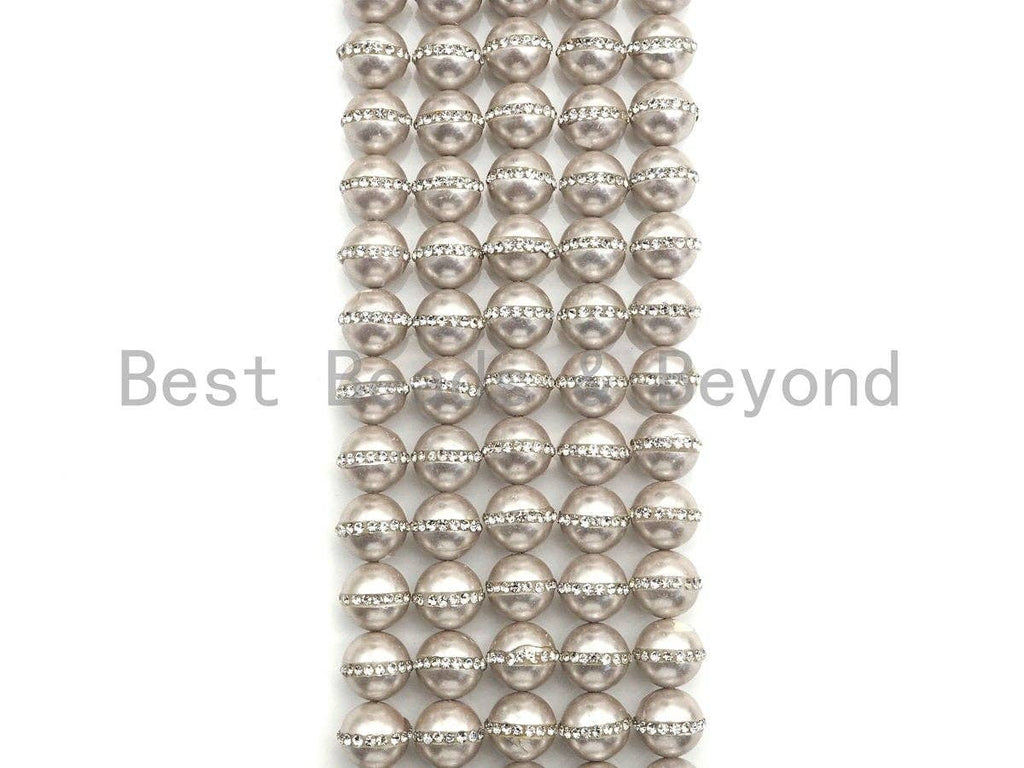 6mm/8mm/10mm/12mm SLIVER GRAY Pearl with Rhinestone Inlaid, Silver Gray Round Mother of Pearl Beads, 15.5'' Full strand, Sku#V61
