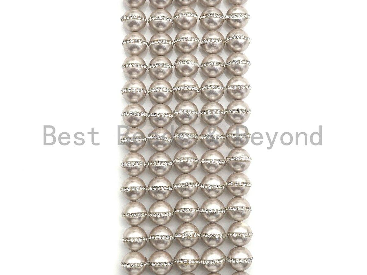 6mm/8mm/10mm/12mm SLIVER GRAY Pearl with Rhinestone Inlaid, Silver Gray Round Mother of Pearl Beads, 15.5'' Full strand, Sku#V61
