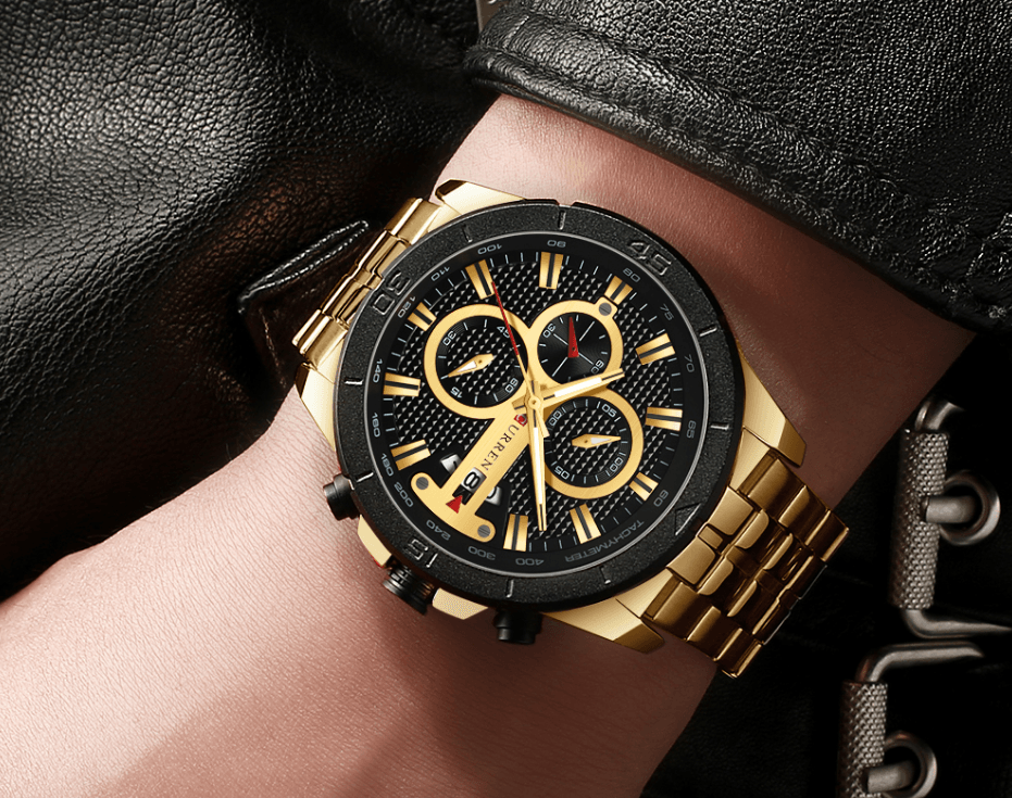 Montre étanche pour homme avec chronomètres, affichage du jour et aiguilles fluorescentes. Design de luxe unique. Cadeau parfait.