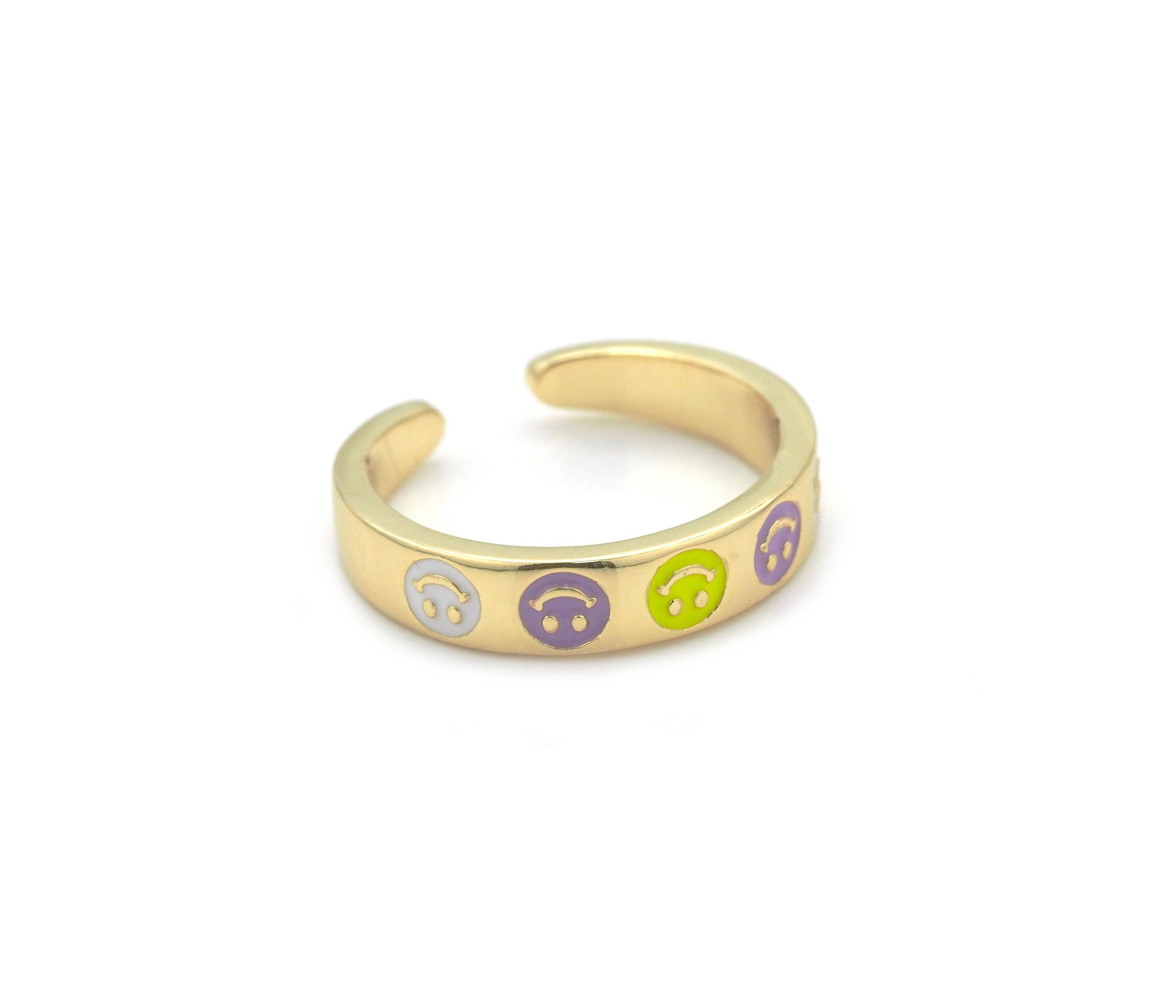 Gold Colorful Enamel Smiley Face Adjustable Ring, Sku#LX187