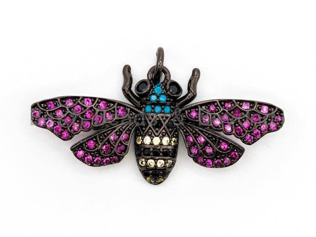MOTH Inspired Charm, CZ Micro Pave Multi Color Insect Pendant, Cubic Zirconia Pave Butterfly, Gold/Rose Gold/Silver/Black,16x34x4,SKU#F440