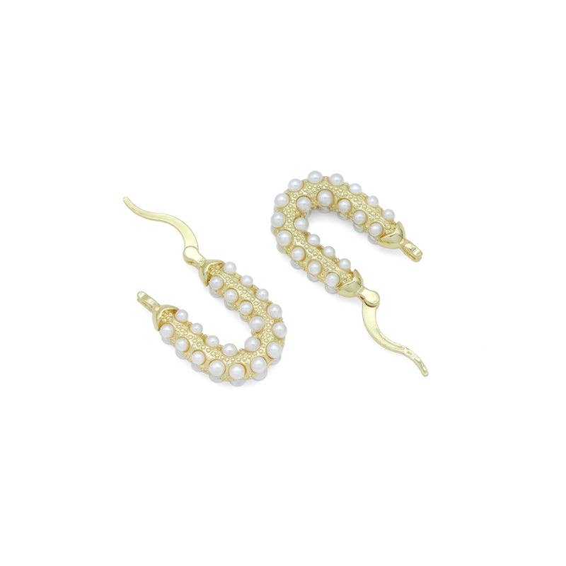 White Pearl Gold U Oval Shape Hoop Earrings, Sku#LD641