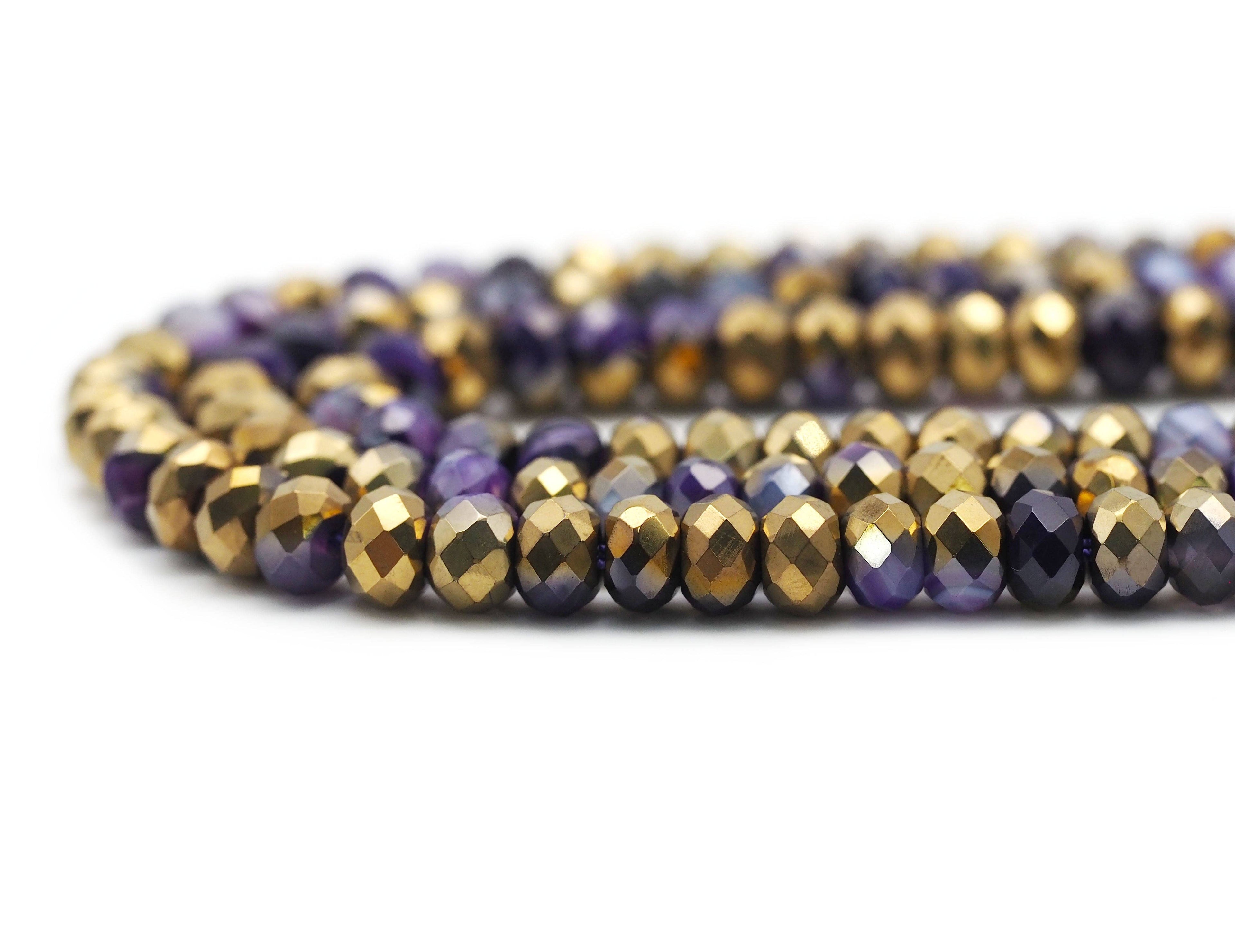Hlaf Gold Plated Natural Purple Banded Agate Rondelle Faceted Beads, Sku#UA273c