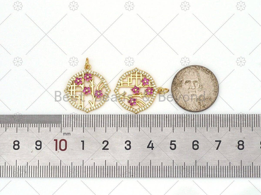Fuchsia CZ Micro Pave Flower On Round Frame Shape Pendant,18K Gold Filled Flower Charm, Necklace Bracelet Charm Pendant, 21x21mm, Sku#LK469