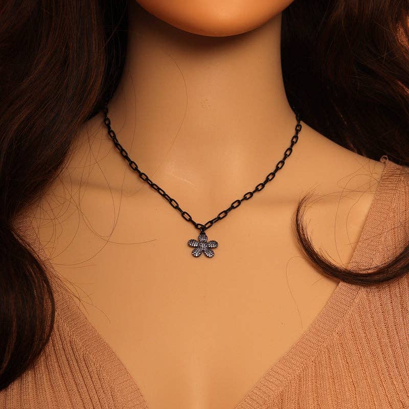 Thin Paperclip Black Chain Flower Adjustable Necklace,sku#EF314