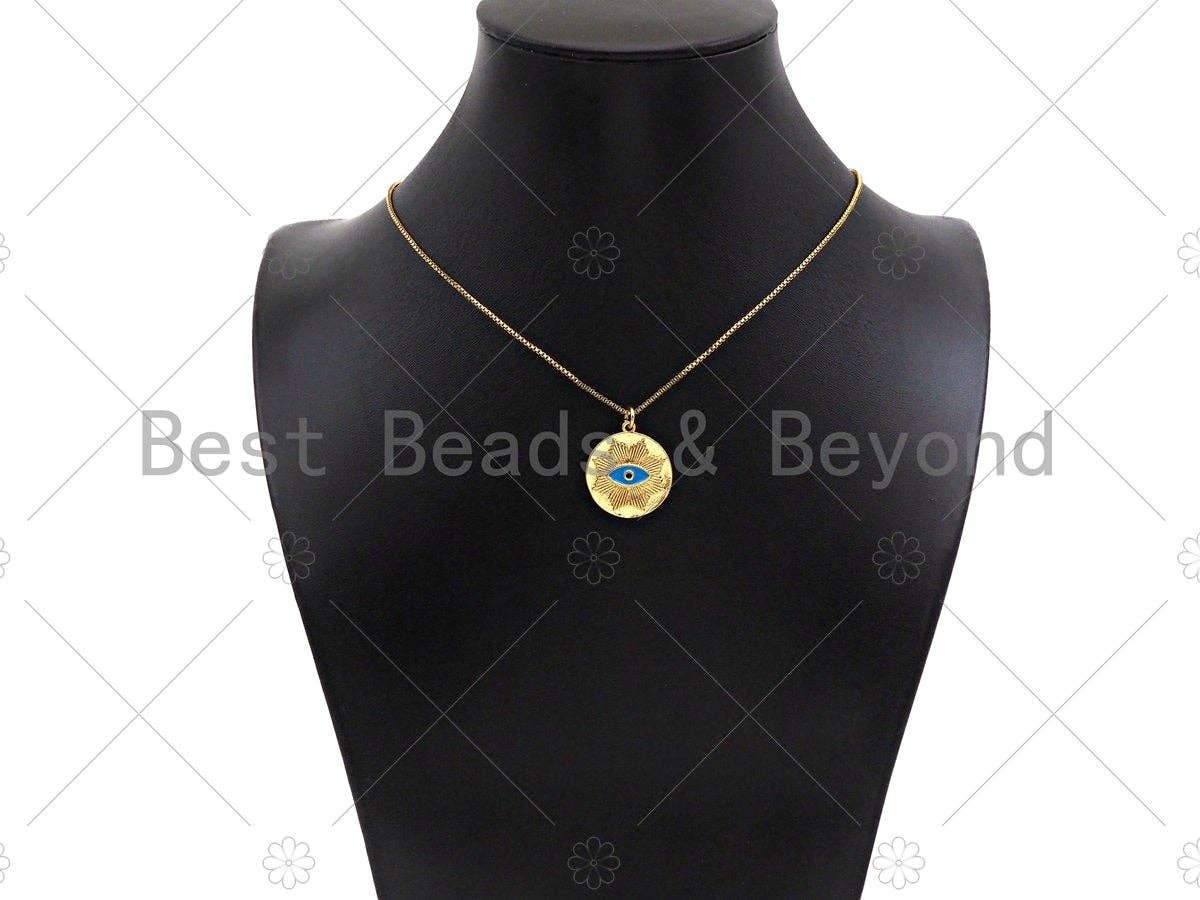 18K Dainty Gold Enamel Evil Eye Flower On Round Coin Shape Pendant/Charm,Medallion Charm, Necklace Bracelet Charm Pendant,20x22mm,Sku#L518