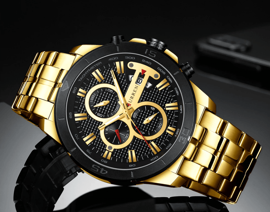 Montre étanche pour homme avec chronomètres, affichage du jour et aiguilles fluorescentes. Design de luxe unique. Cadeau parfait.