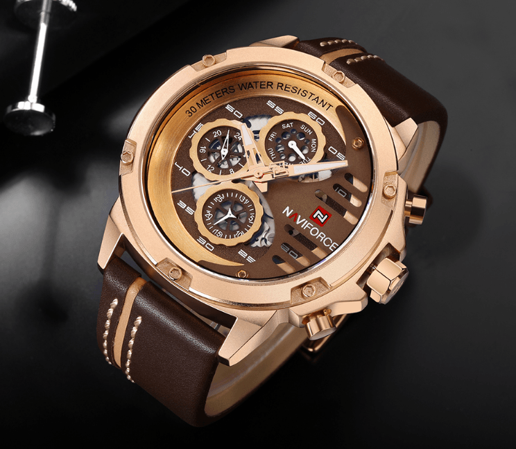 Montre de Sport Étanche Homme avec Chronomètres et Bracelet en Cuir Montre-Bracelet Multifonction Design Unique Cadeau Parfait