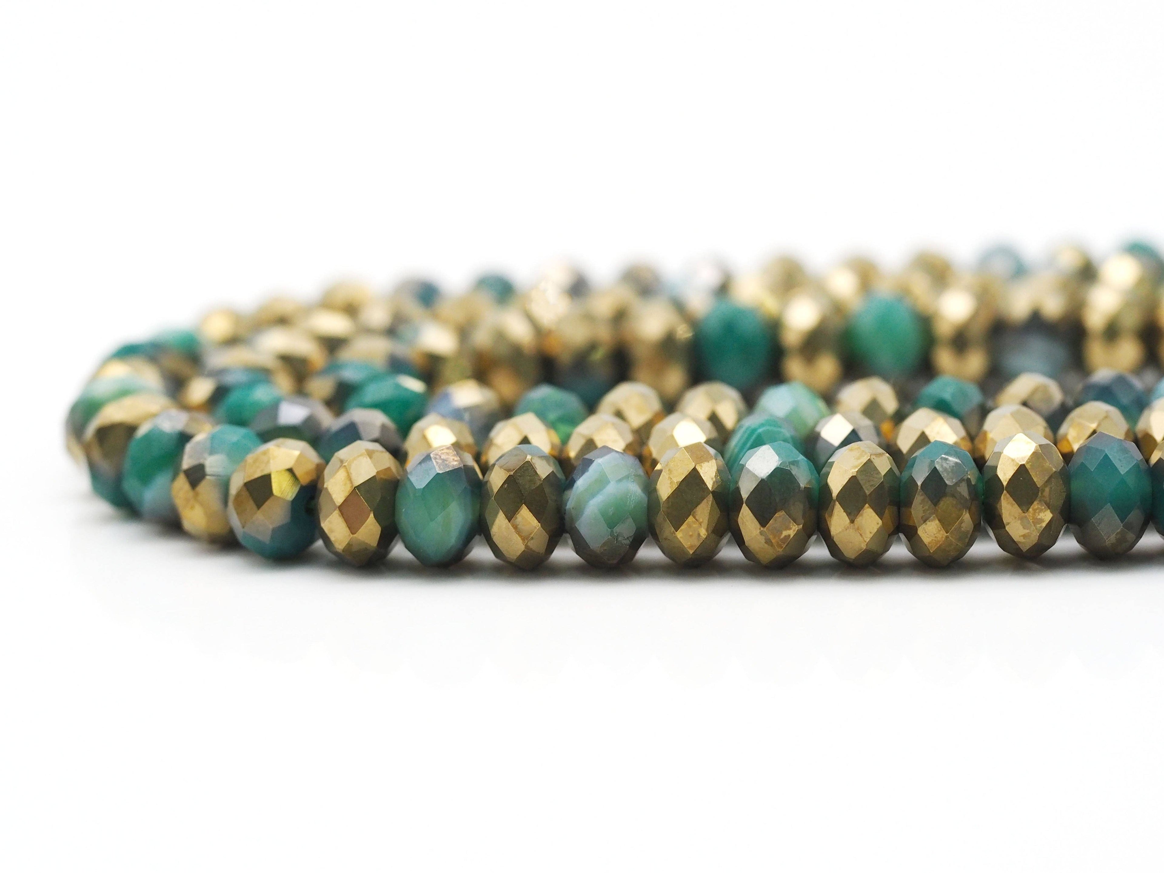 Half Gold Plated Natural Green Banded Agate Rondelle Faceted Beads, Sku#UA278